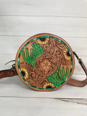 Cactus Sunflower Leather Tooled & Painted Buckstitch Round Canteen Crossbody Bag