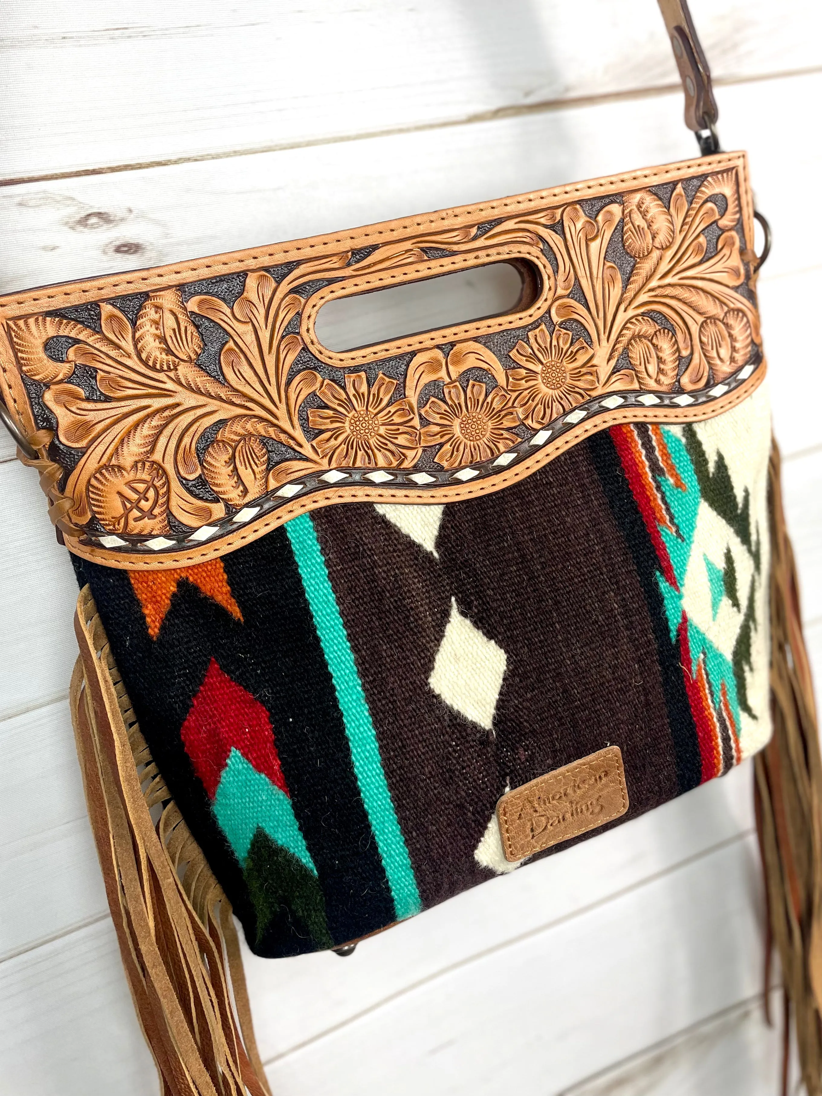 Cafe Arrow Pattern Wool Leather Handle Fringe Bag