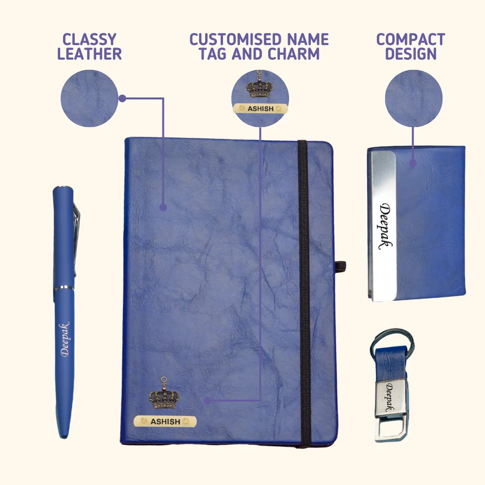 Classy Hardcover Diary   Classic Metal Pen   Classy Leather Metal Keychain   Classy Card Holder - Blue