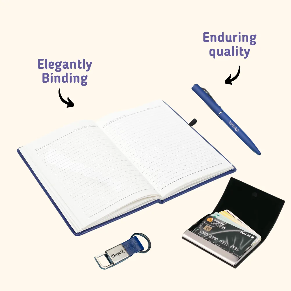 Classy Hardcover Diary   Classic Metal Pen   Classy Leather Metal Keychain   Classy Card Holder - Blue