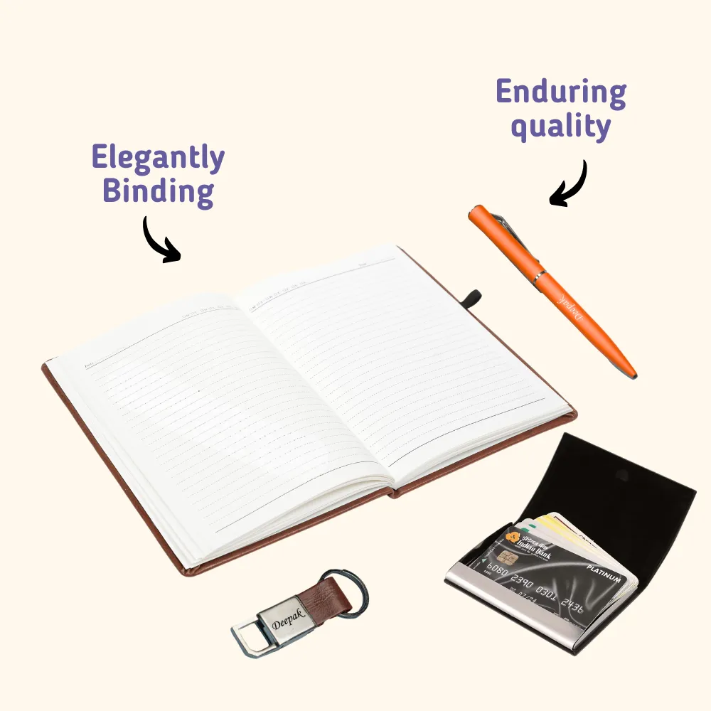 Classy Hardcover Diary   Classic Metal Pen   Classy Leather Metal Keychain   Classy Card Holder - Tan