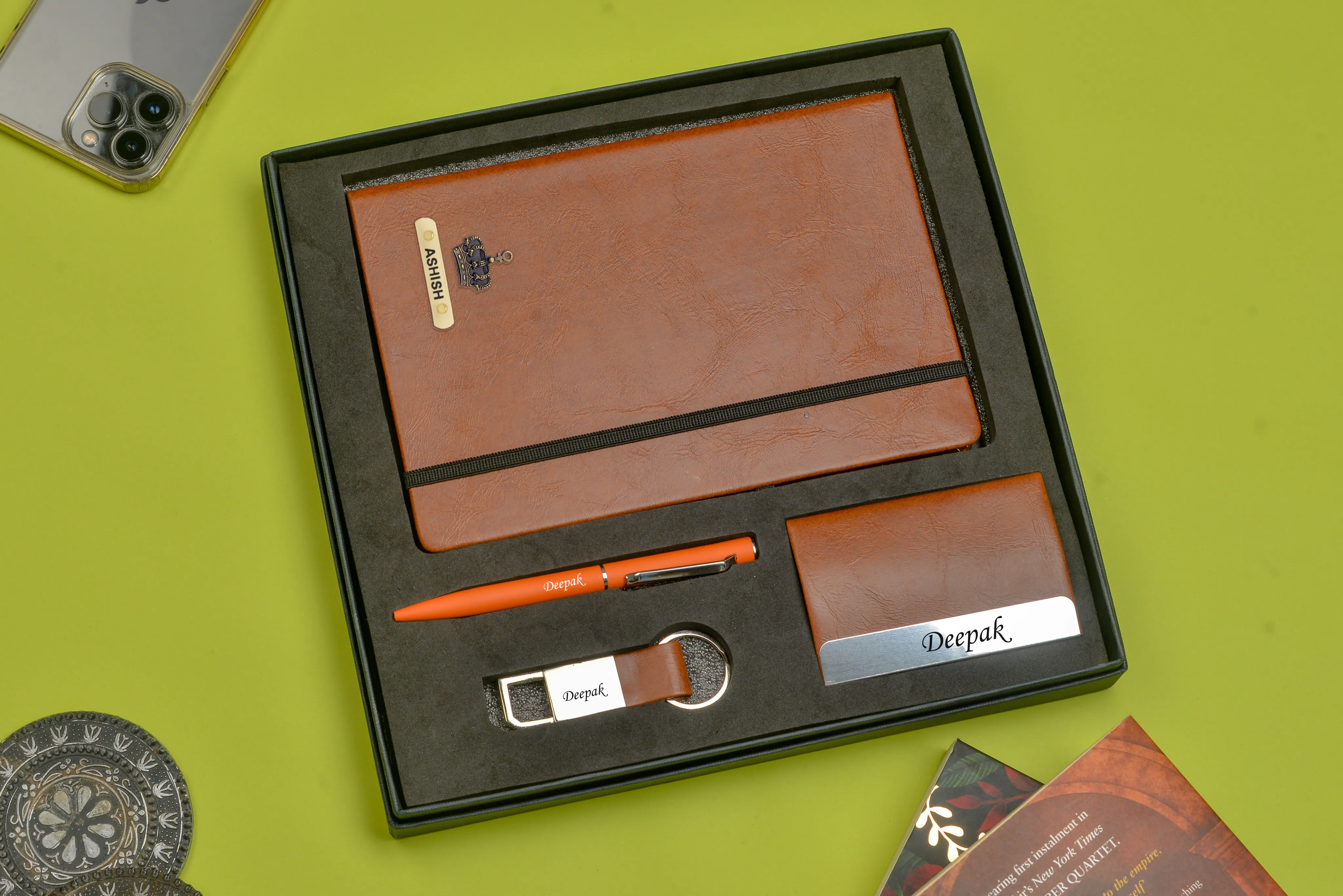 Classy Hardcover Diary   Classic Metal Pen   Classy Leather Metal Keychain   Classy Card Holder - Tan