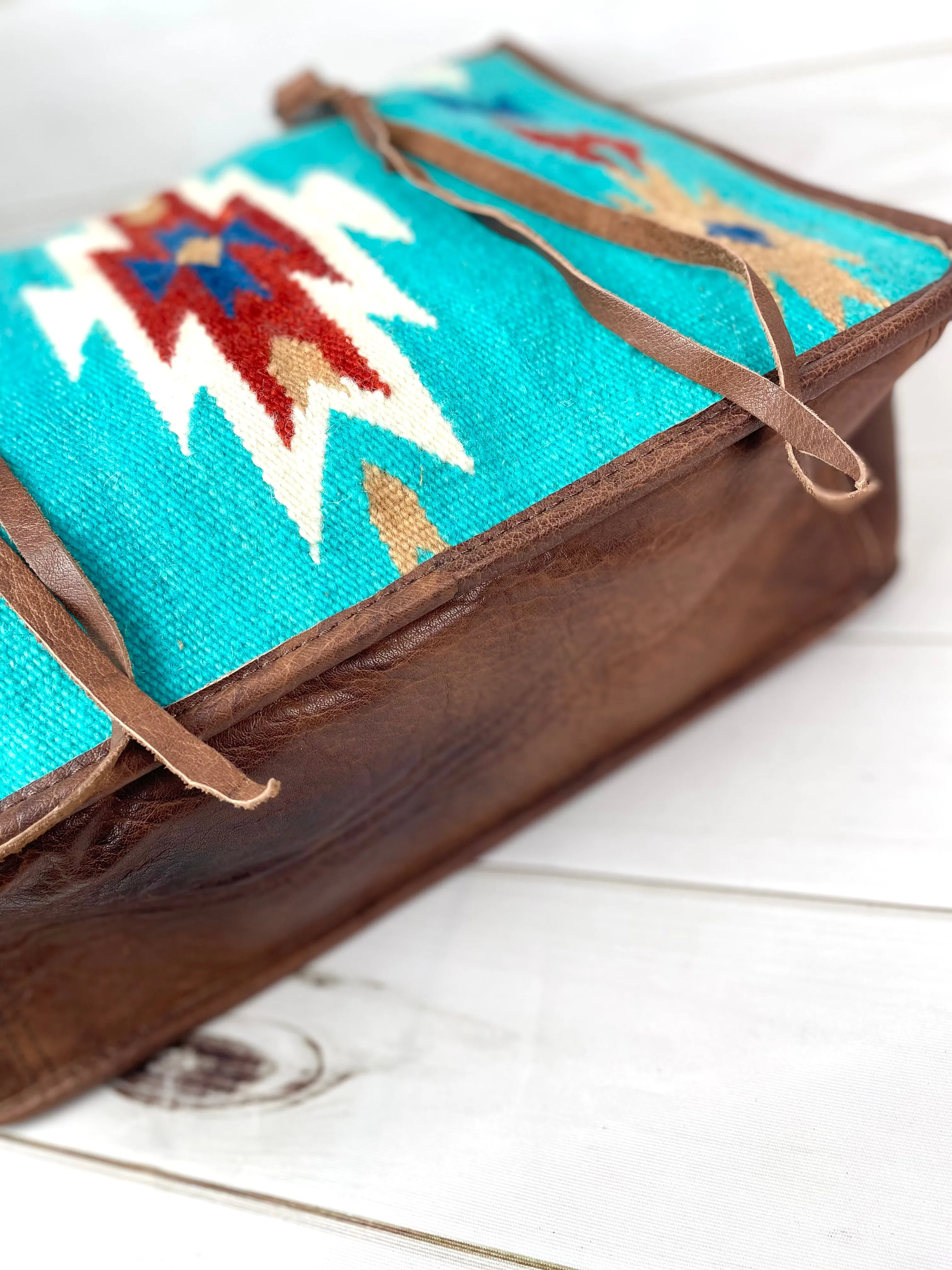 CLEARANCE! Turquoise Wool & Leather Western Style Large Tote