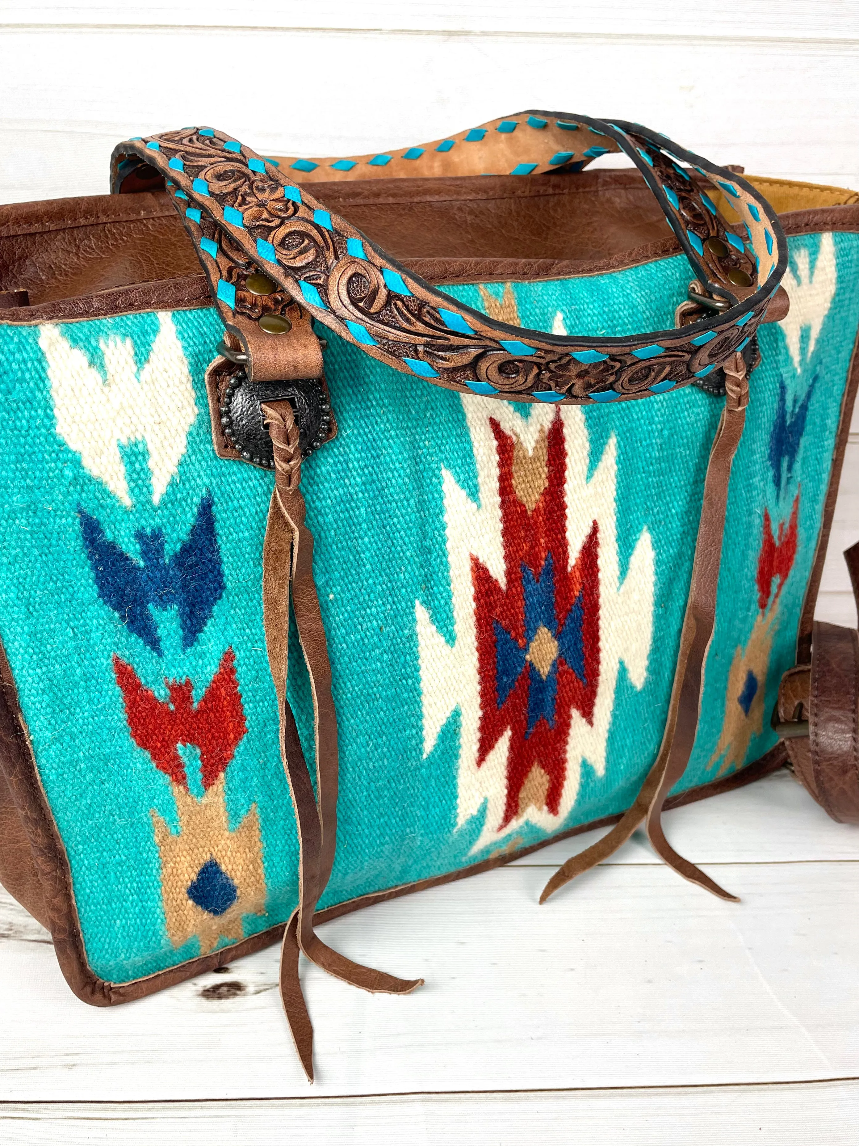 CLEARANCE! Turquoise Wool & Leather Western Style Large Tote