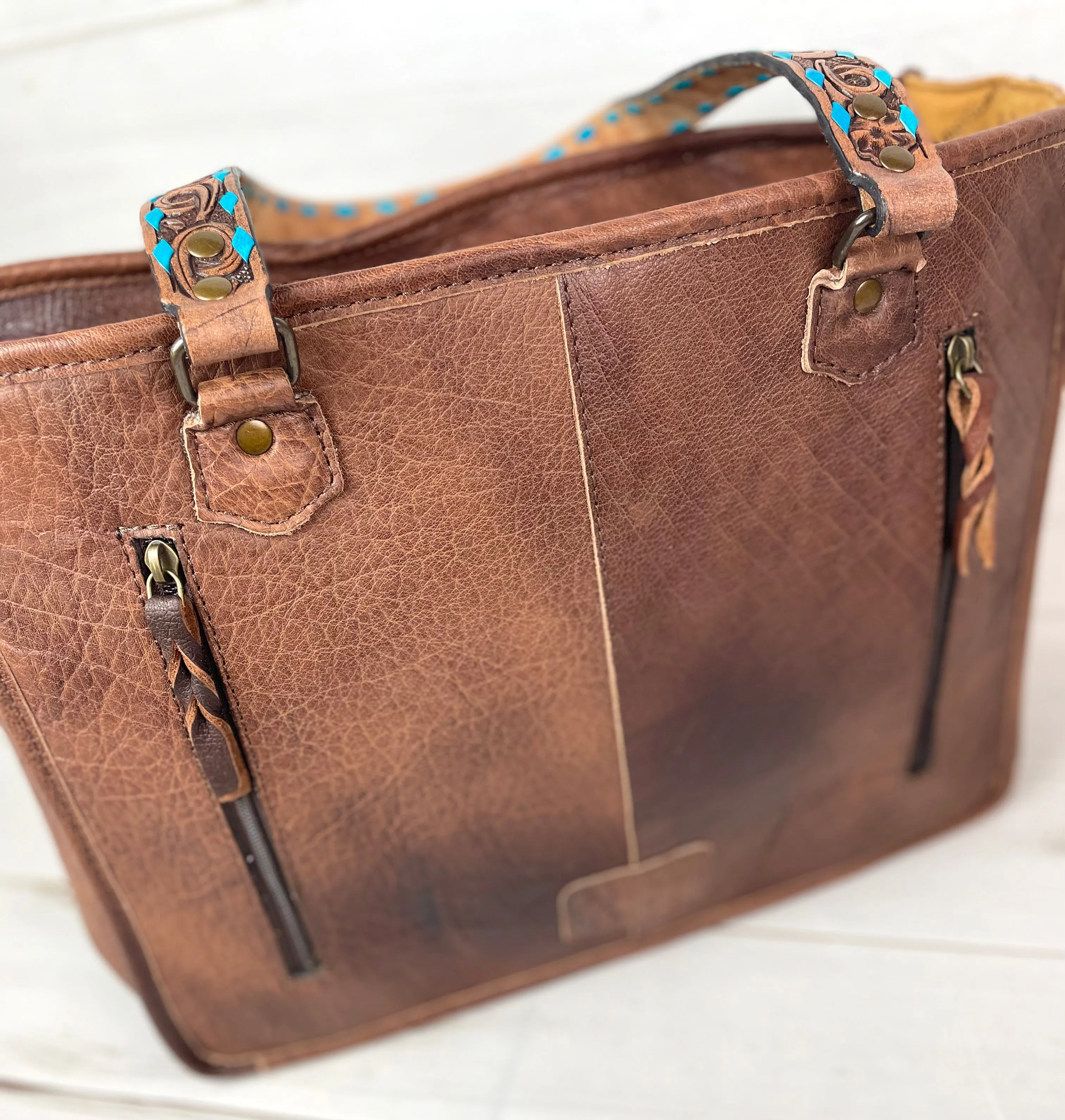 CLEARANCE! Turquoise Wool & Leather Western Style Large Tote