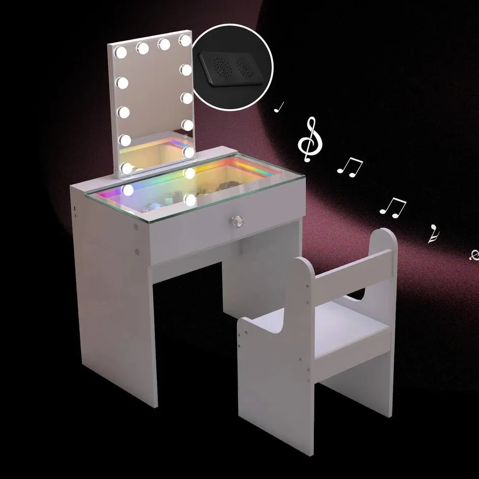 Compact Vanity Desk with RGB Light Strip, LED Mirror, Bluetooth, and Charging Ports