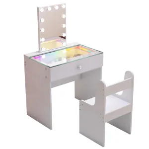 Compact Vanity Desk with RGB Light Strip, LED Mirror, Bluetooth, and Charging Ports