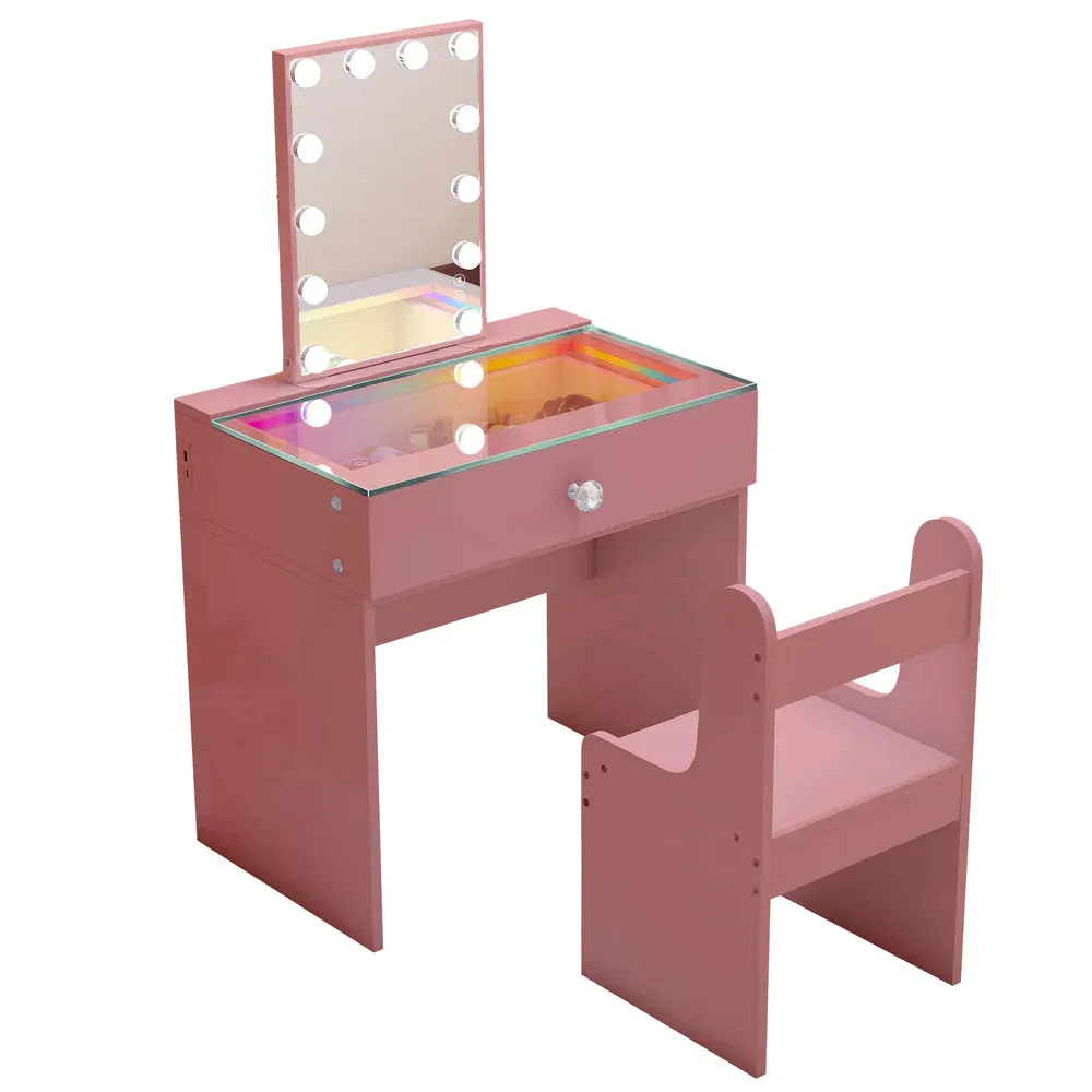 Compact Vanity Desk with RGB Light Strip, LED Mirror, Bluetooth, and Charging Ports