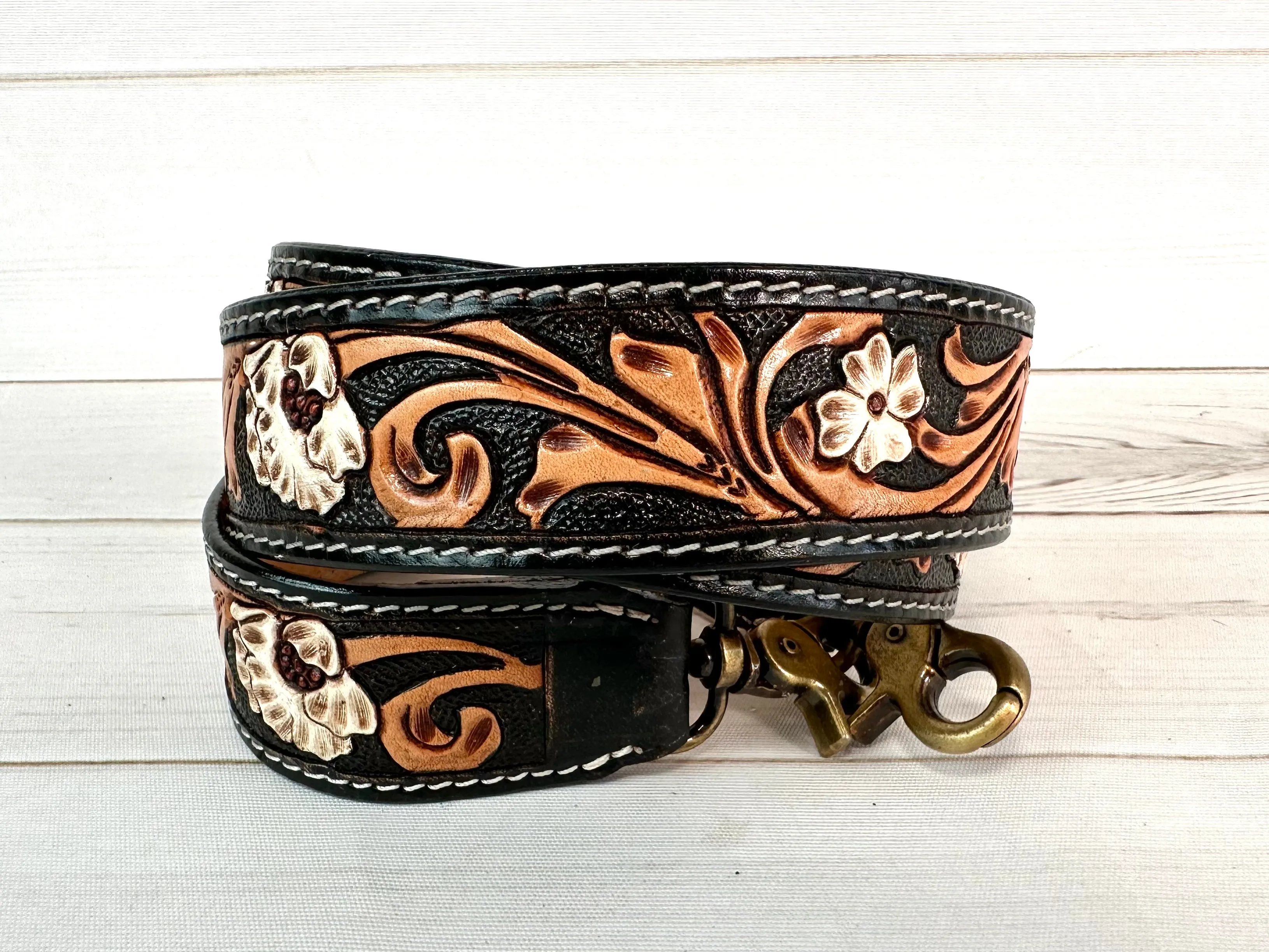 Dark and Medium Tooled White Flower Crossbody Handbag Strap