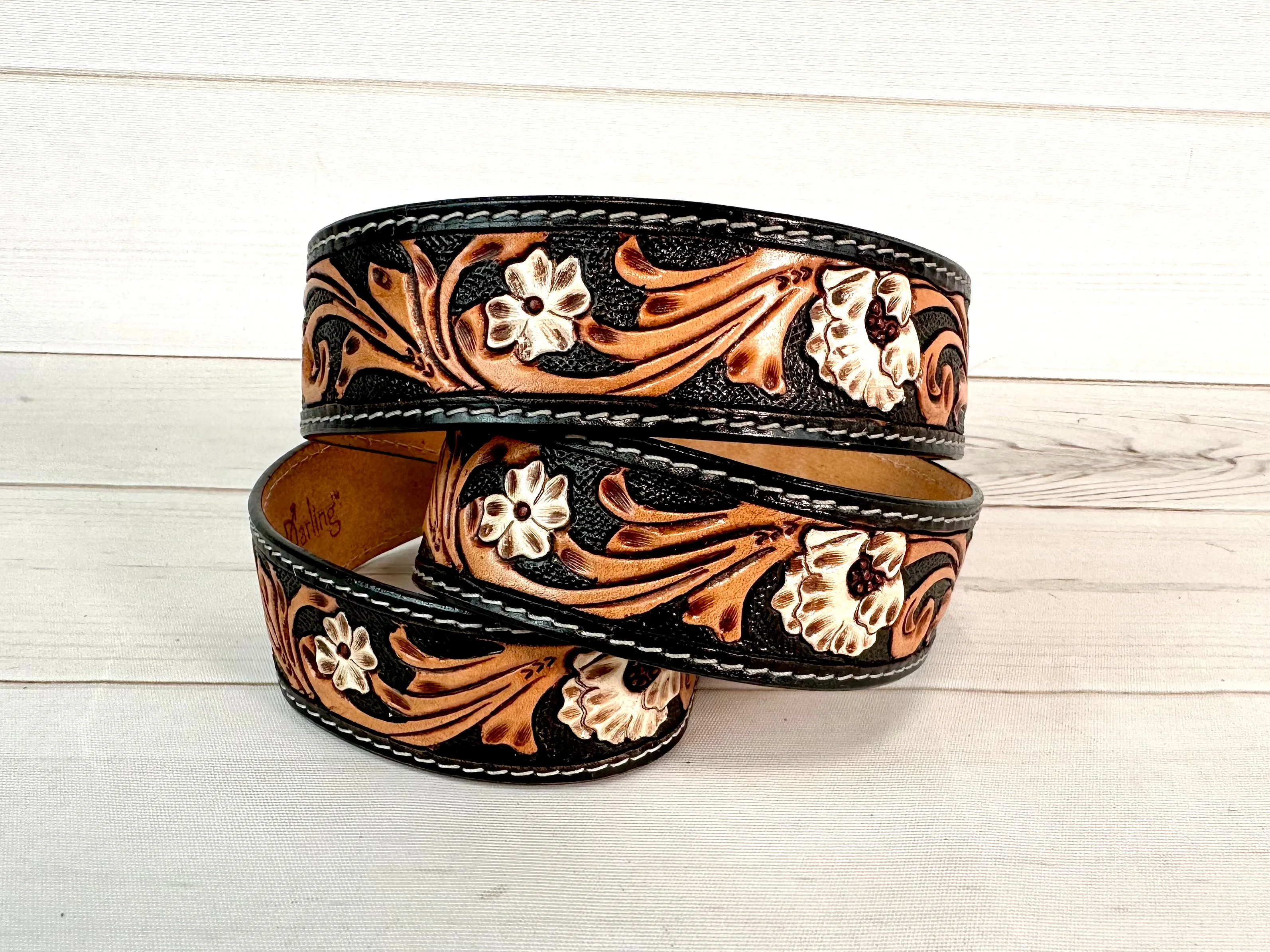 Dark and Medium Tooled White Flower Crossbody Handbag Strap