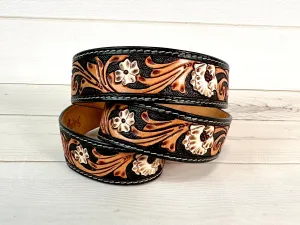 Dark and Medium Tooled White Flower Crossbody Handbag Strap
