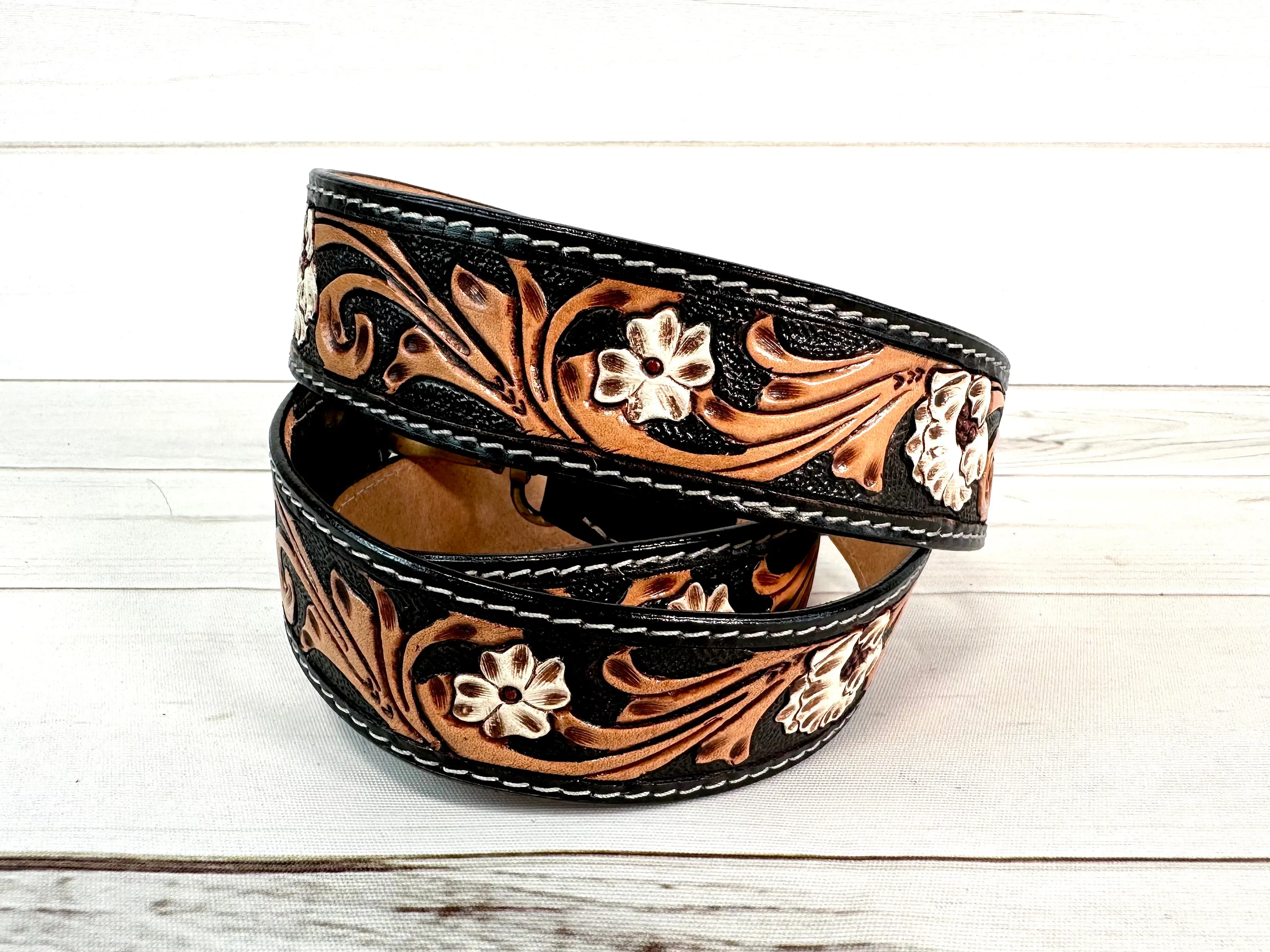 Dark and Medium Tooled White Flower Crossbody Handbag Strap