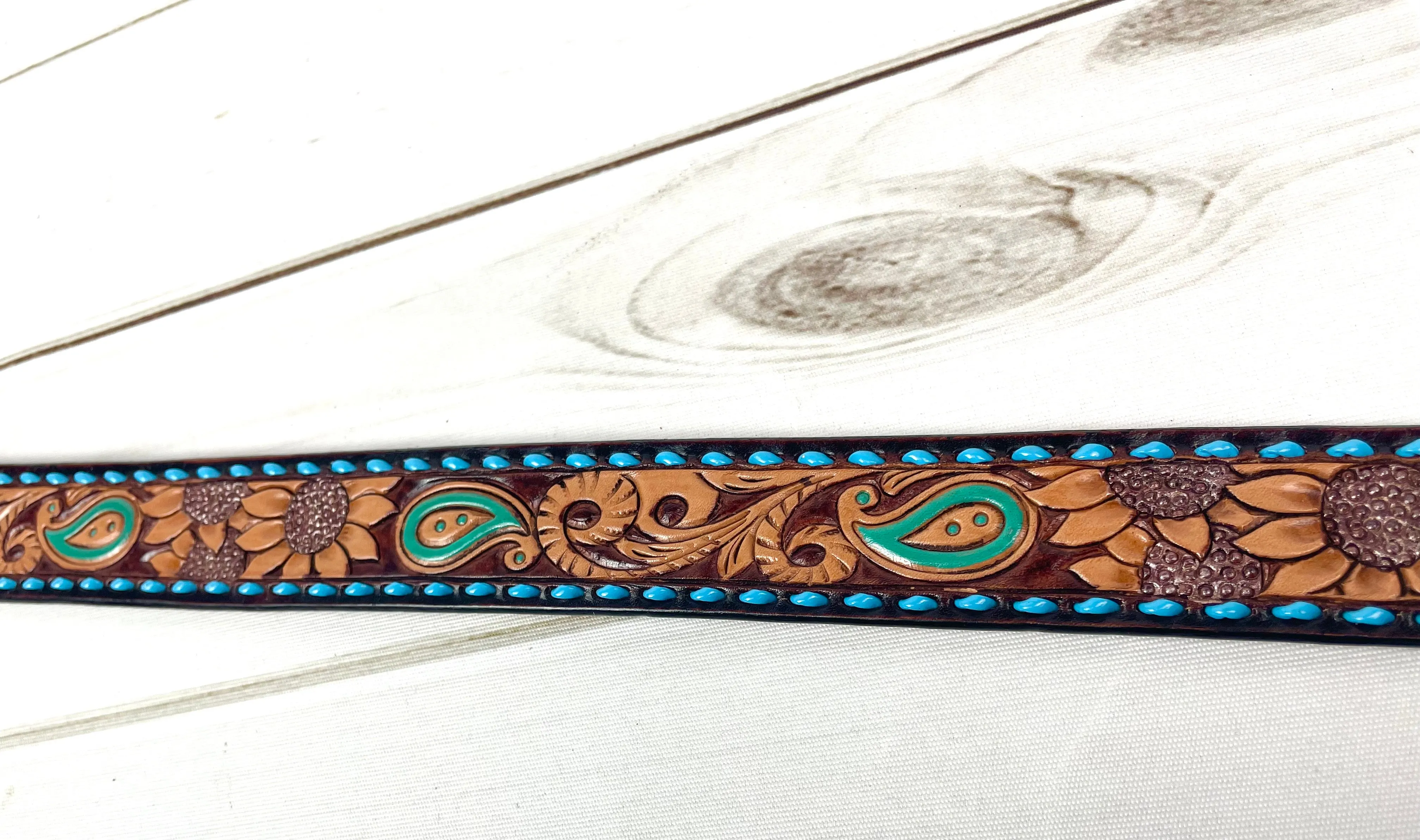 Dark Two Tone Paisley Sunflower Leather Tooled Handbag Strap with Blue Buckstitch