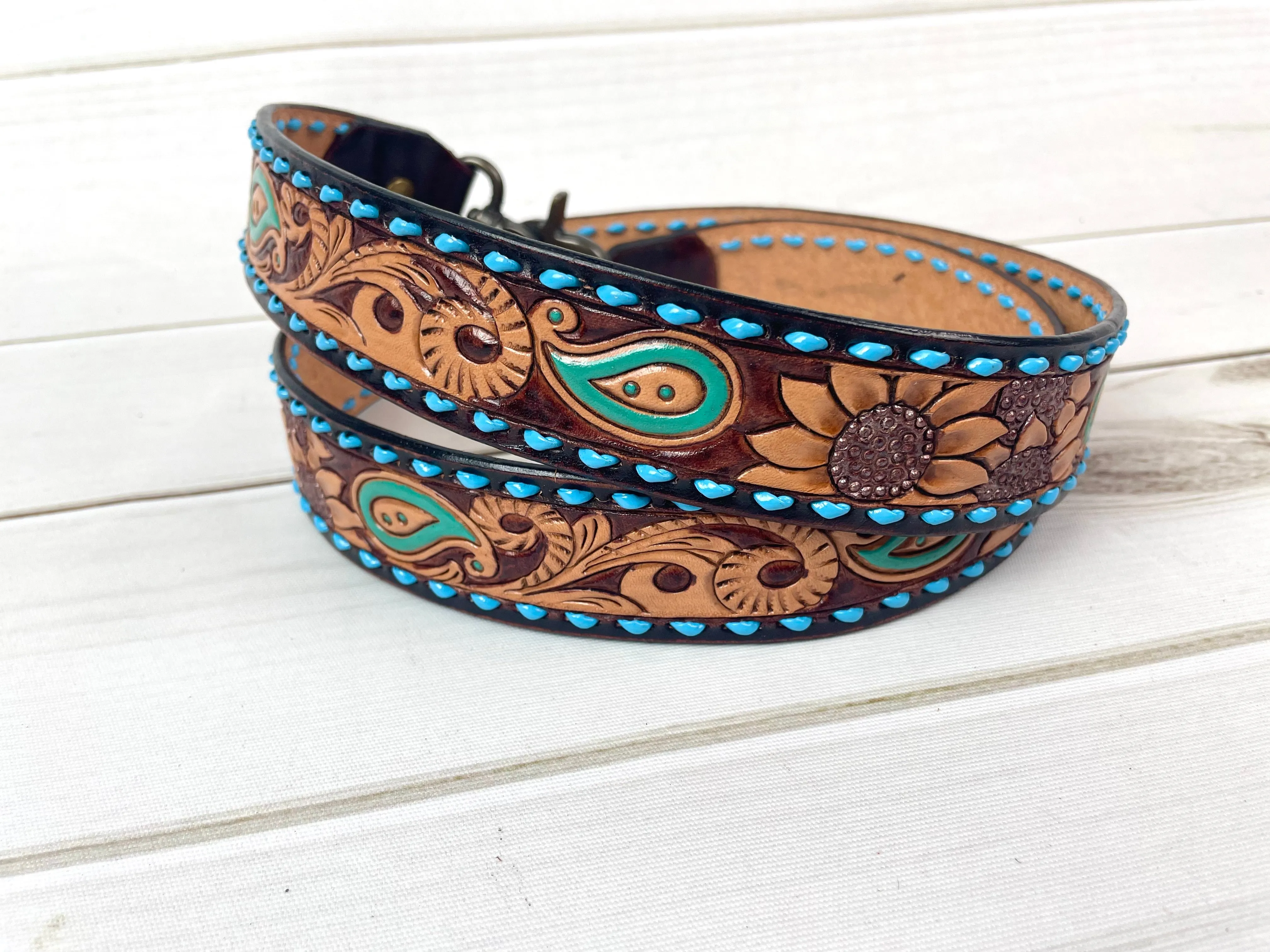 Dark Two Tone Paisley Sunflower Leather Tooled Handbag Strap with Blue Buckstitch