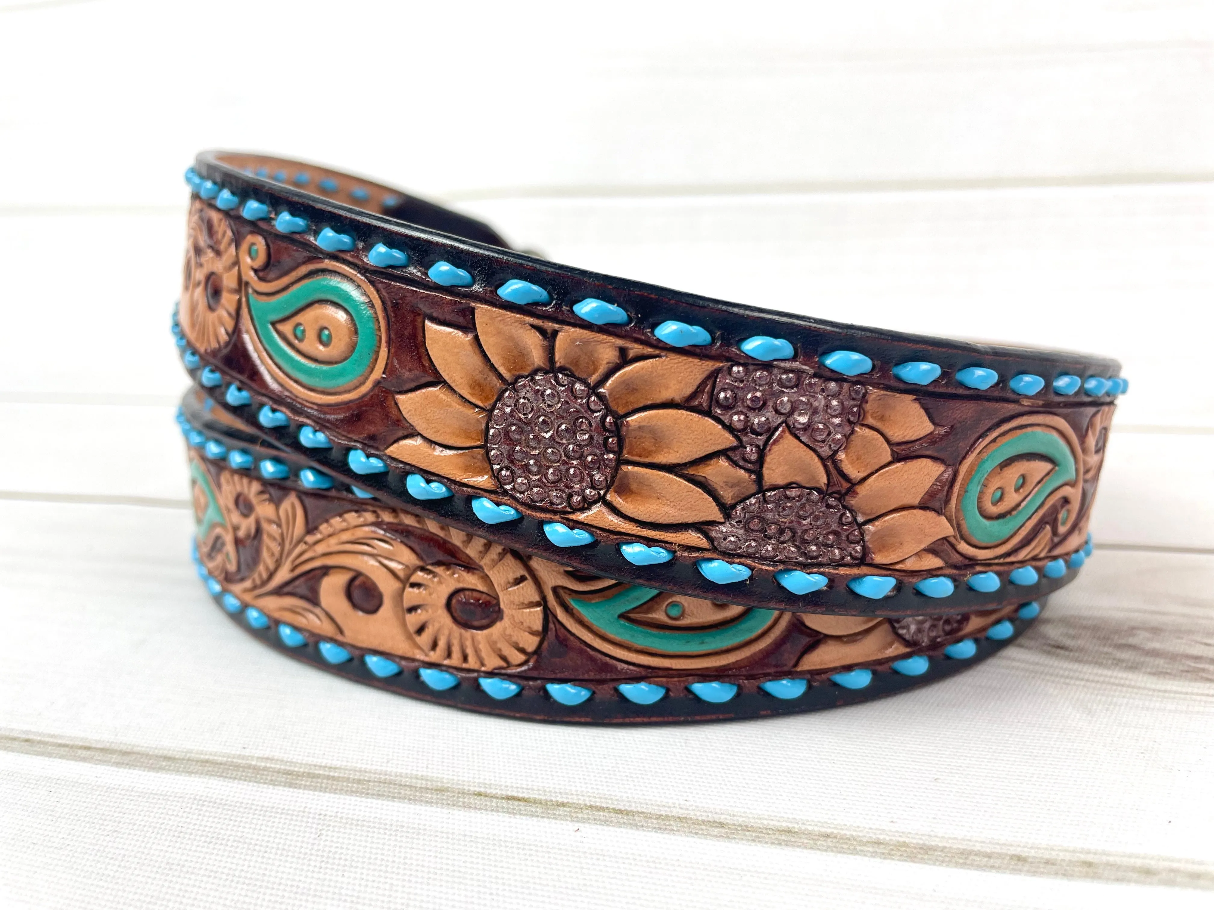 Dark Two Tone Paisley Sunflower Leather Tooled Handbag Strap with Blue Buckstitch