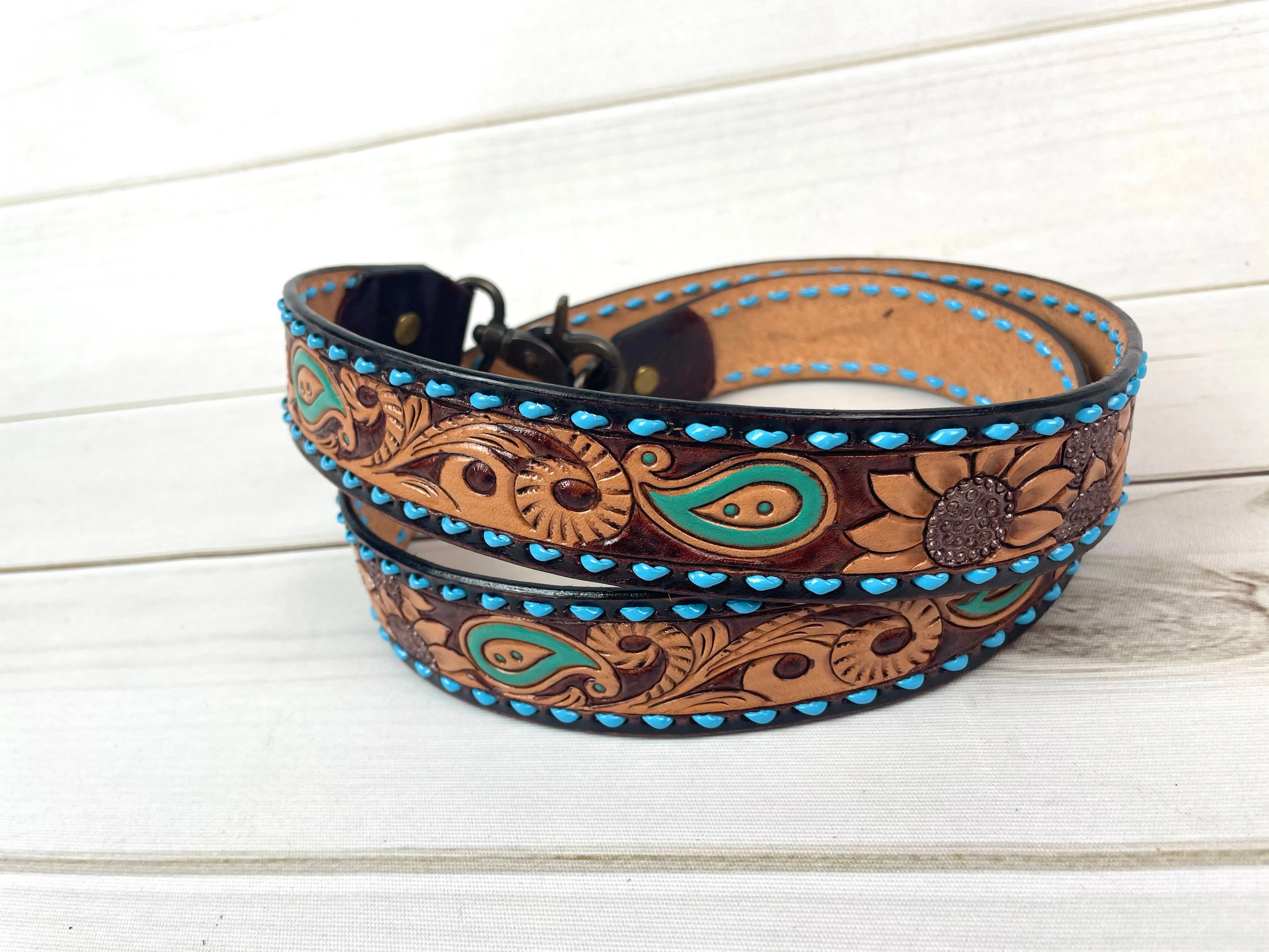 Dark Two Tone Paisley Sunflower Leather Tooled Handbag Strap with Blue Buckstitch
