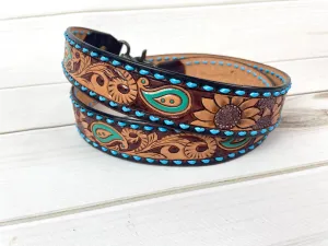 Dark Two Tone Paisley Sunflower Leather Tooled Handbag Strap with Blue Buckstitch