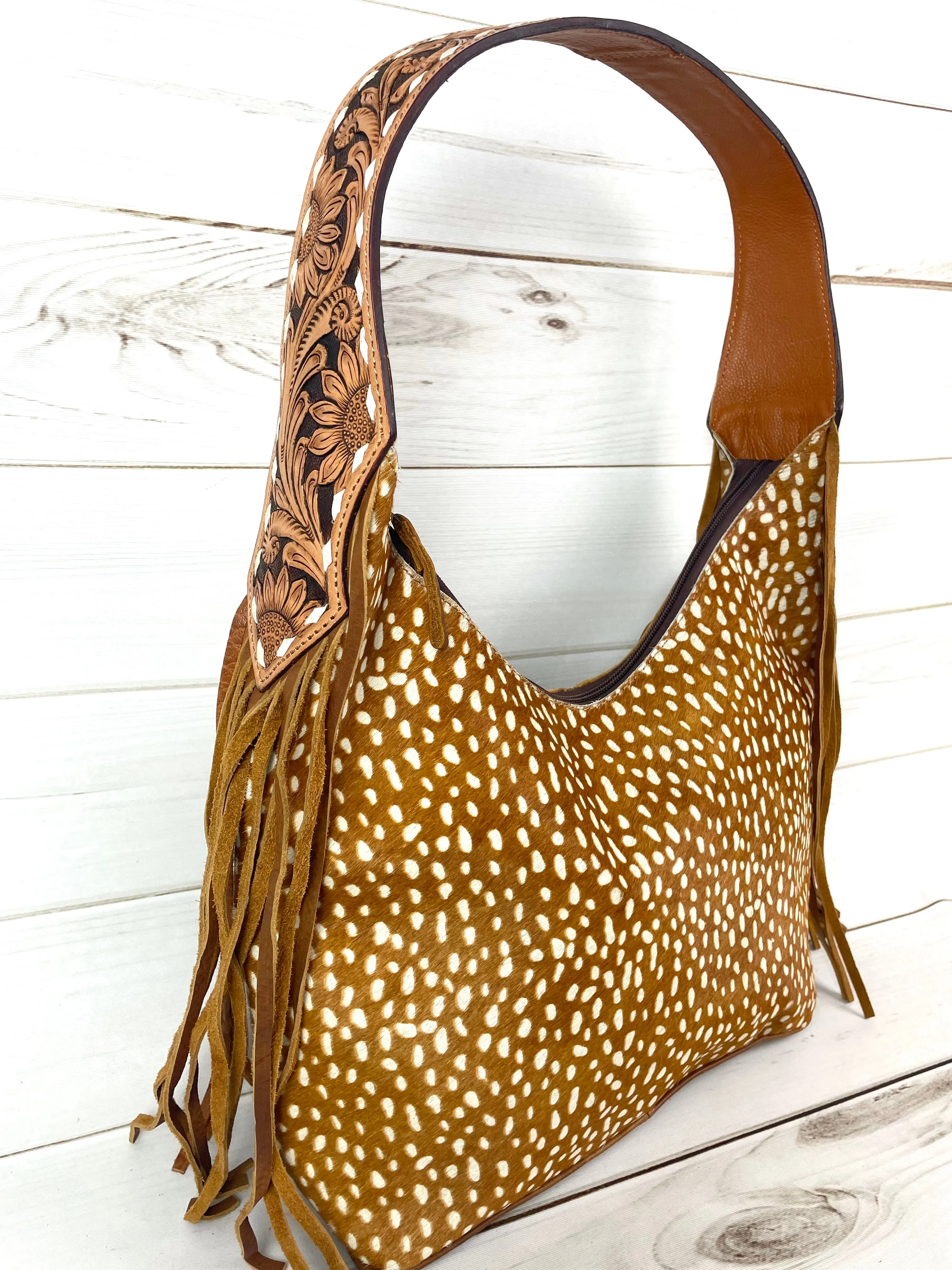Deer Print on Cowhide Floral Tooled Fringe Hobo Style Purse