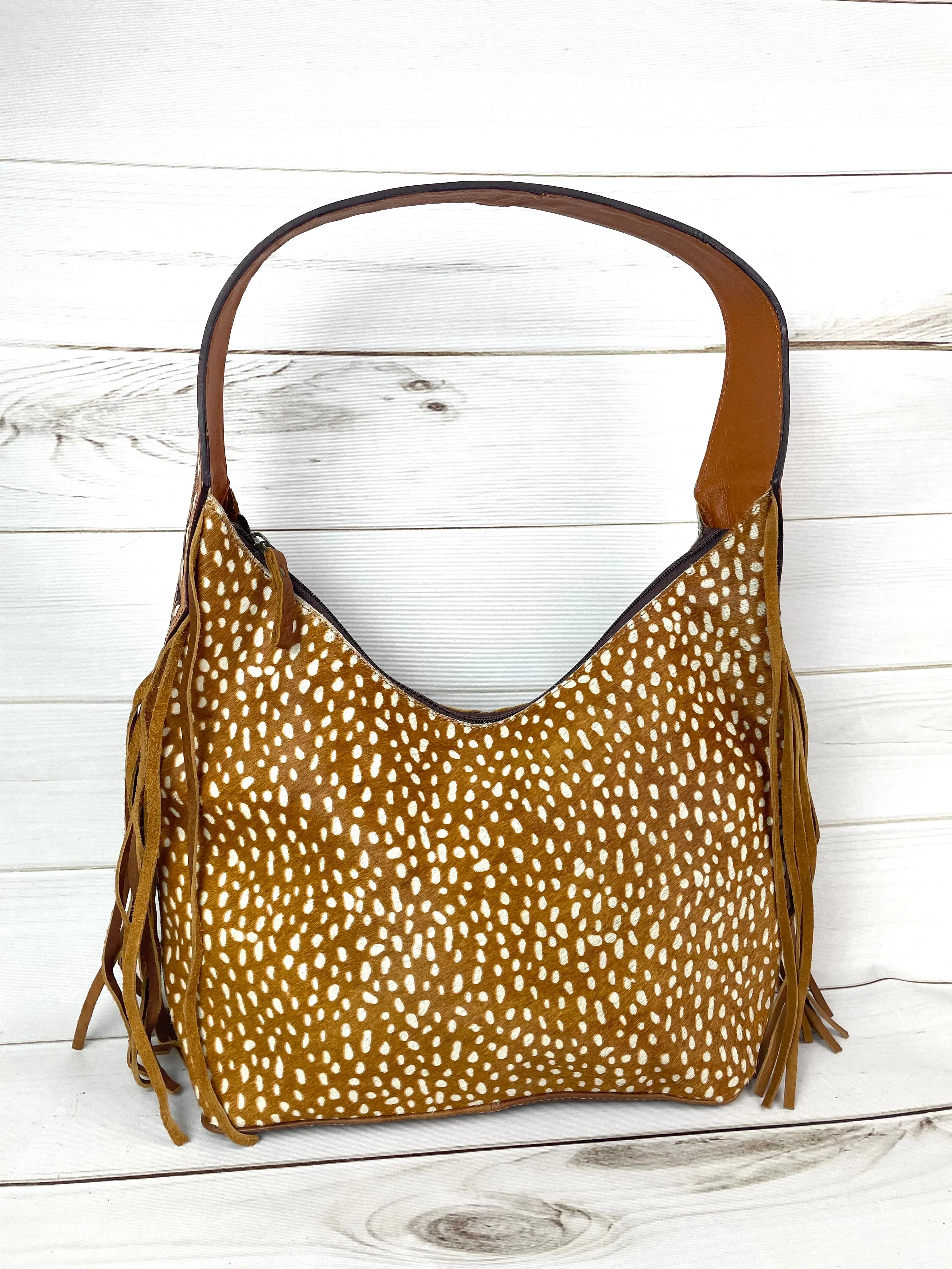Deer Print on Cowhide Floral Tooled Fringe Hobo Style Purse