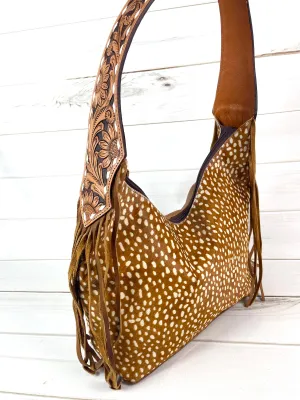 Deer Print on Cowhide Floral Tooled Fringe Hobo Style Purse