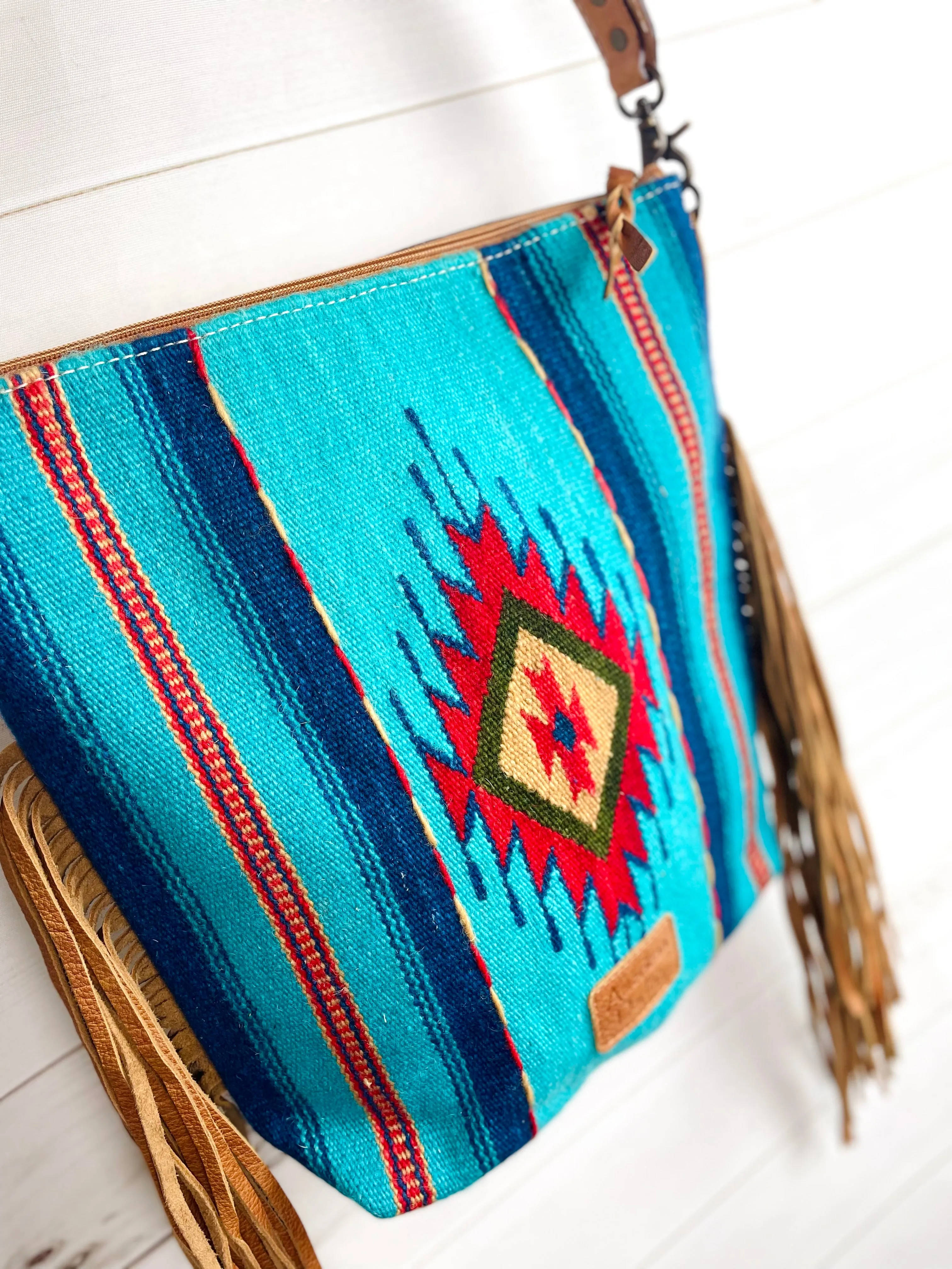 Diamond Serape Turquoise, Blue and Red Wool Leather Tooled Fringe Handbag