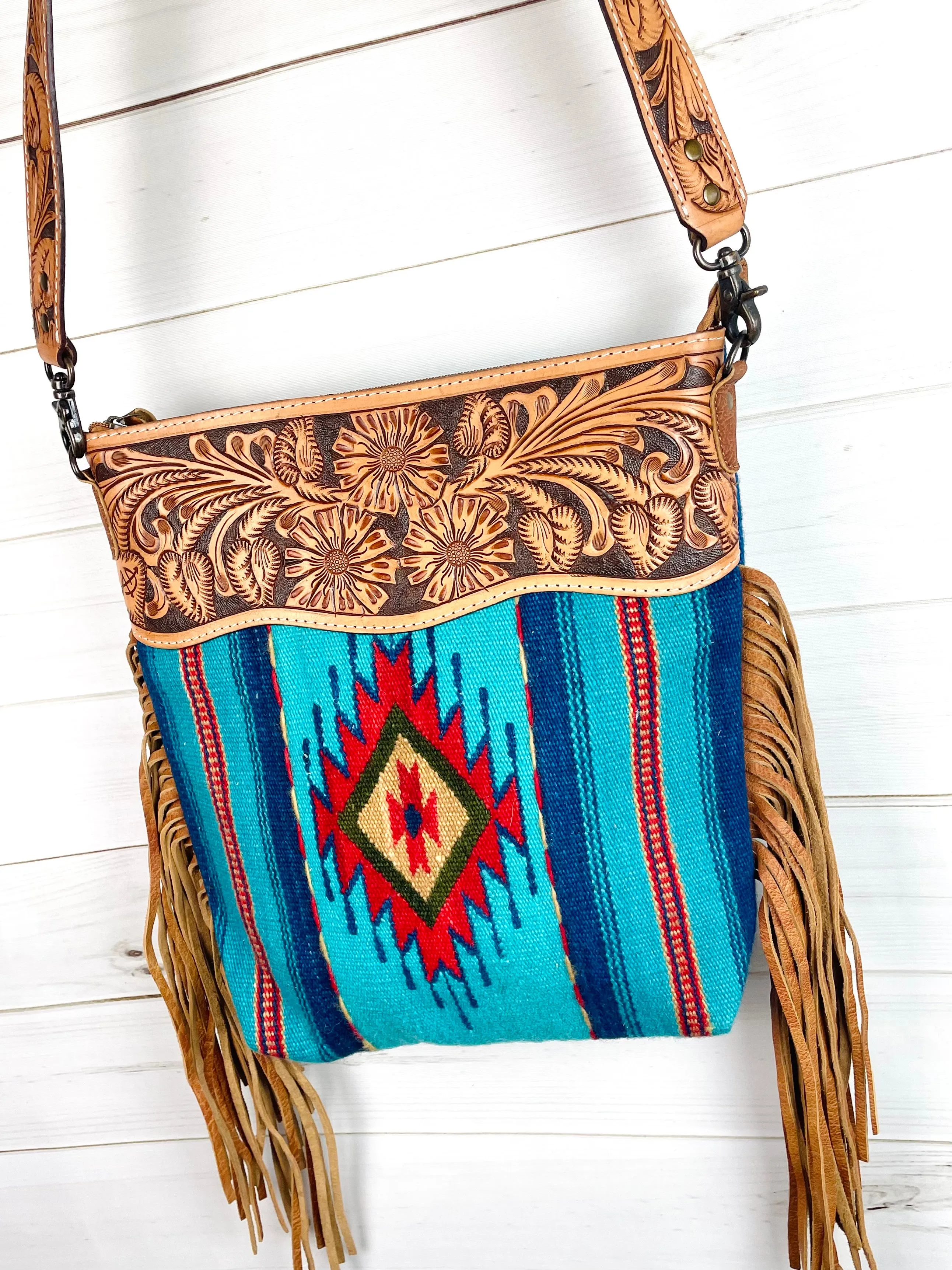 Diamond Serape Turquoise, Blue and Red Wool Leather Tooled Fringe Handbag