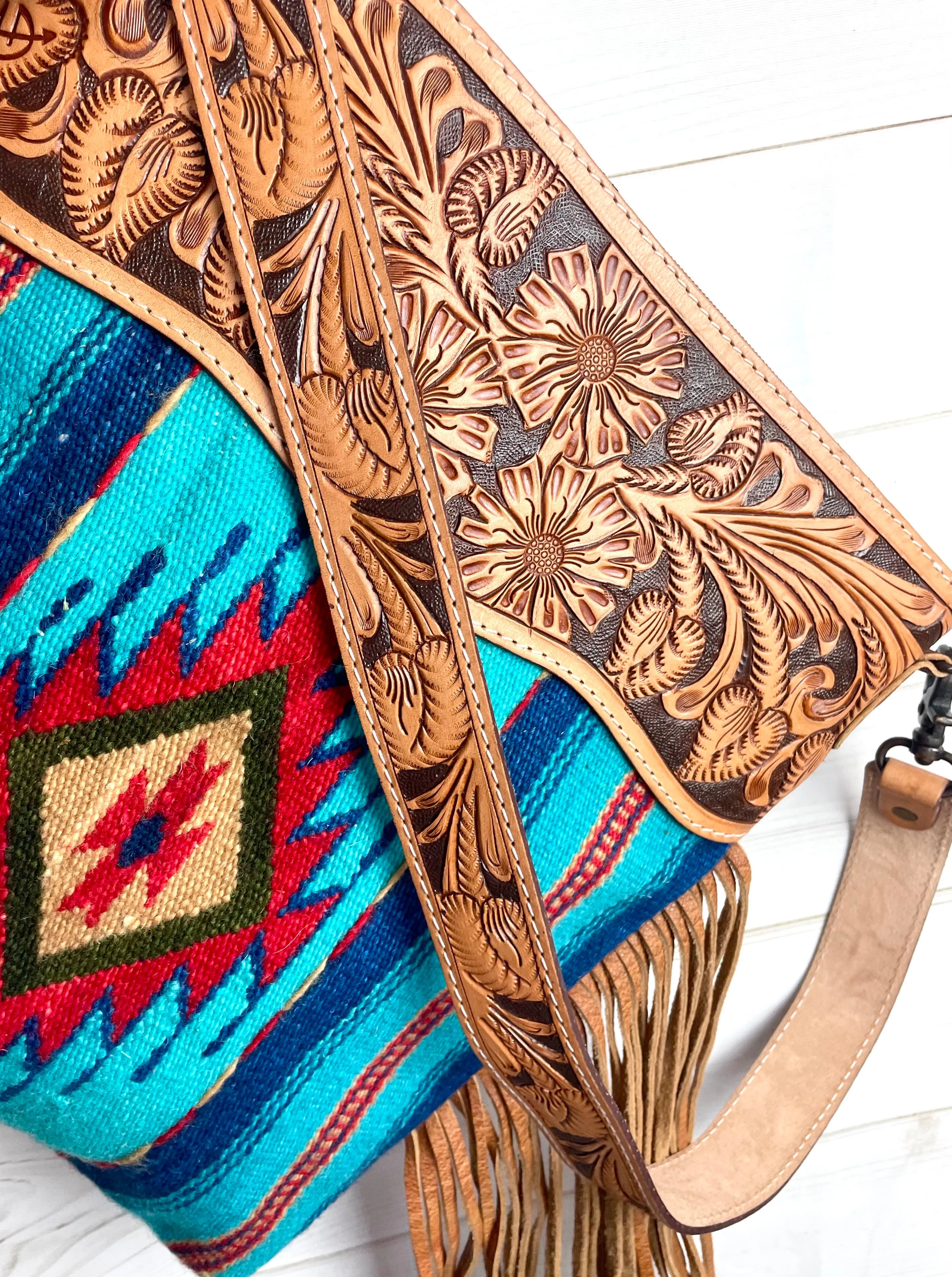 Diamond Serape Turquoise, Blue and Red Wool Leather Tooled Fringe Handbag