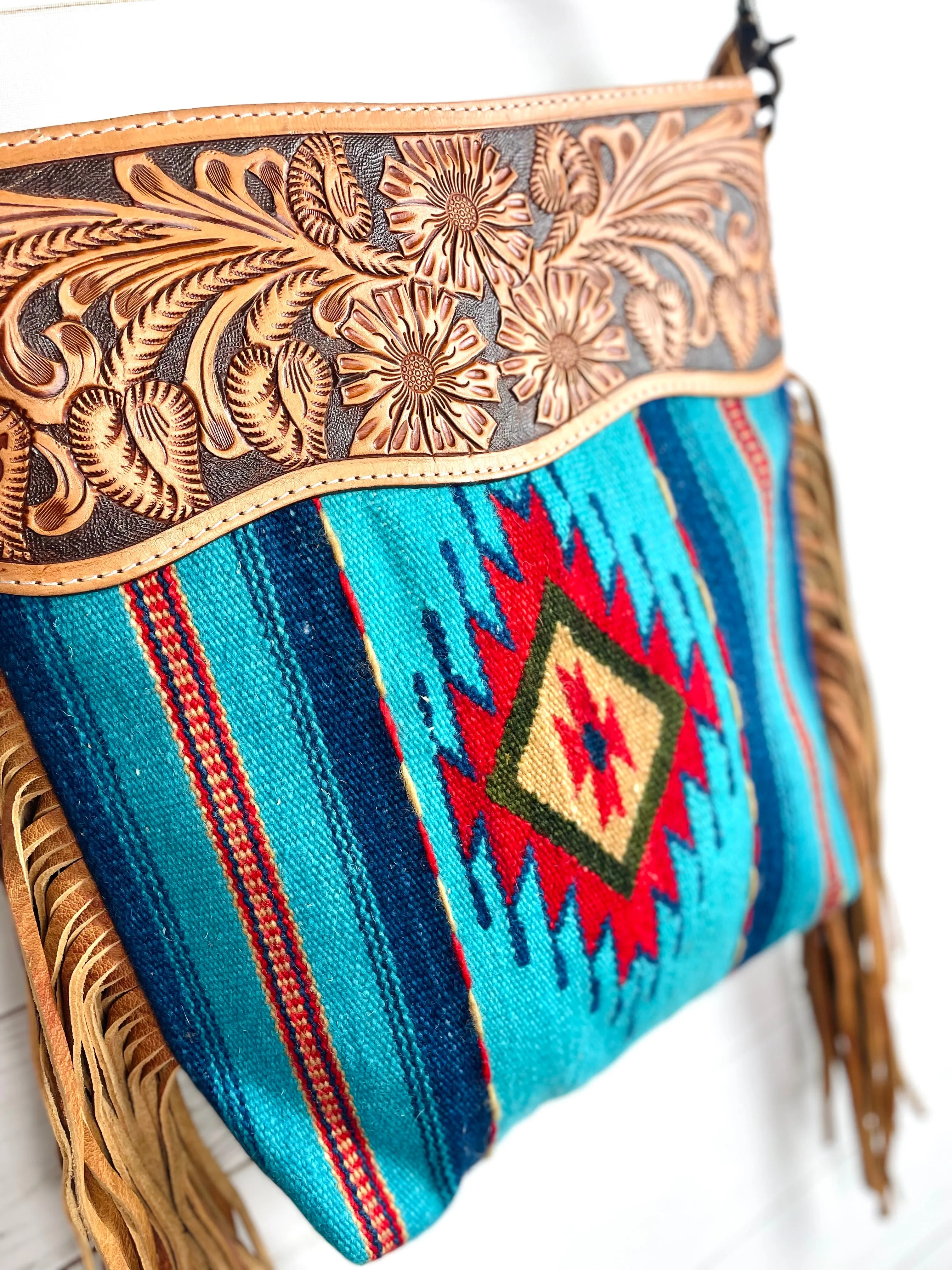 Diamond Serape Turquoise, Blue and Red Wool Leather Tooled Fringe Handbag