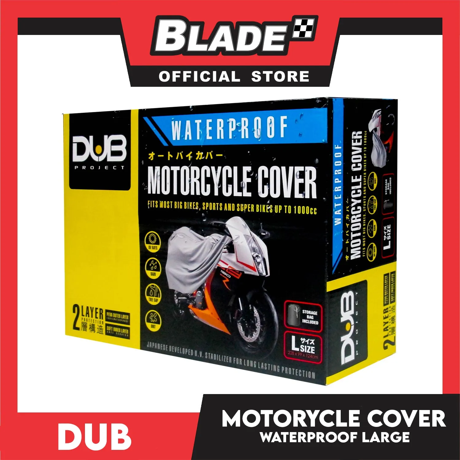 Dub Motorcycle Cover Waterproof w/ Storage Bag Fits most Big Bikes, Sports and Super bikes up to 1000cc