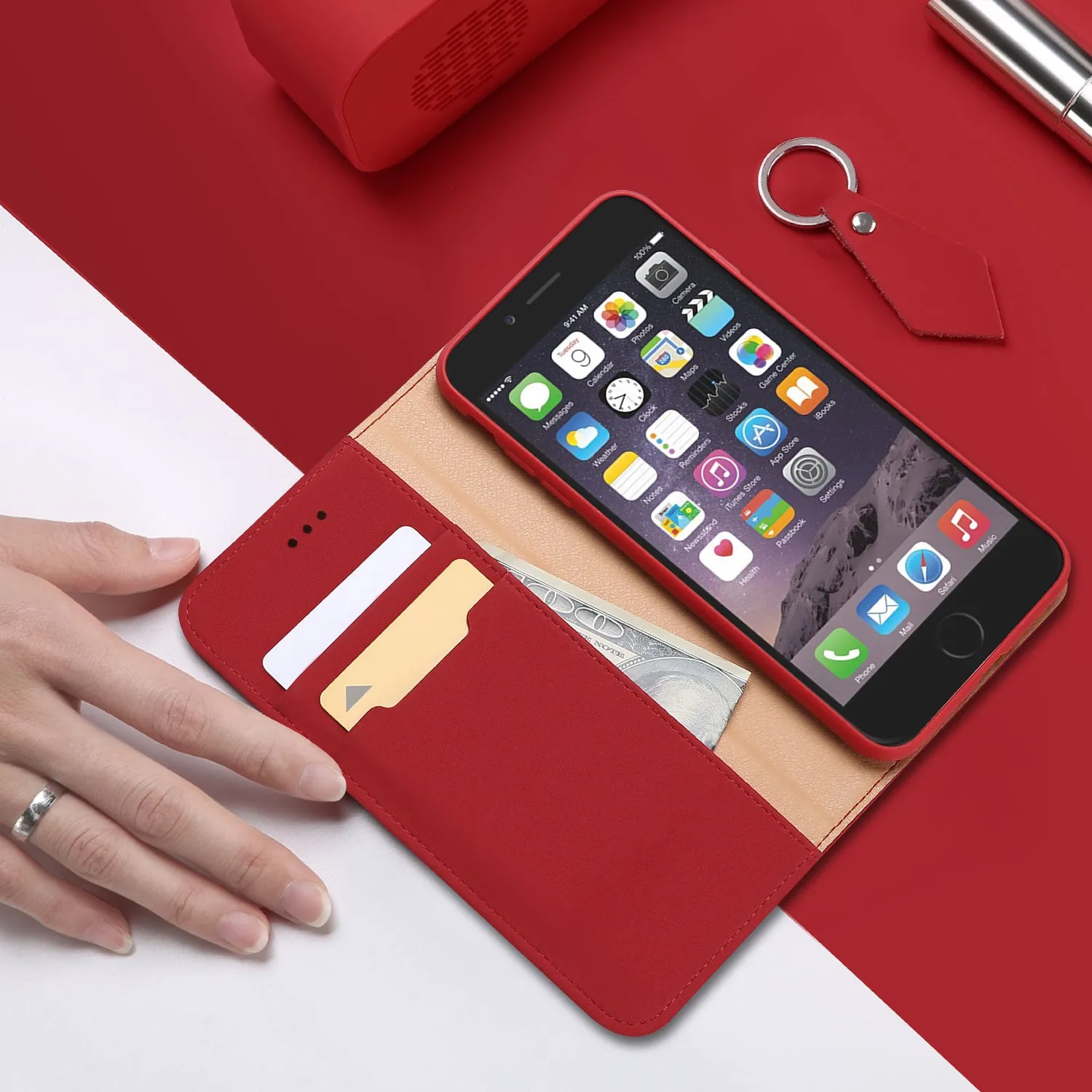 DUX DUCIS For iPhone 6/6s Luxury Genuine Leather Magnetic Flip Cover Full Protective Case with Bracket Card Slot red