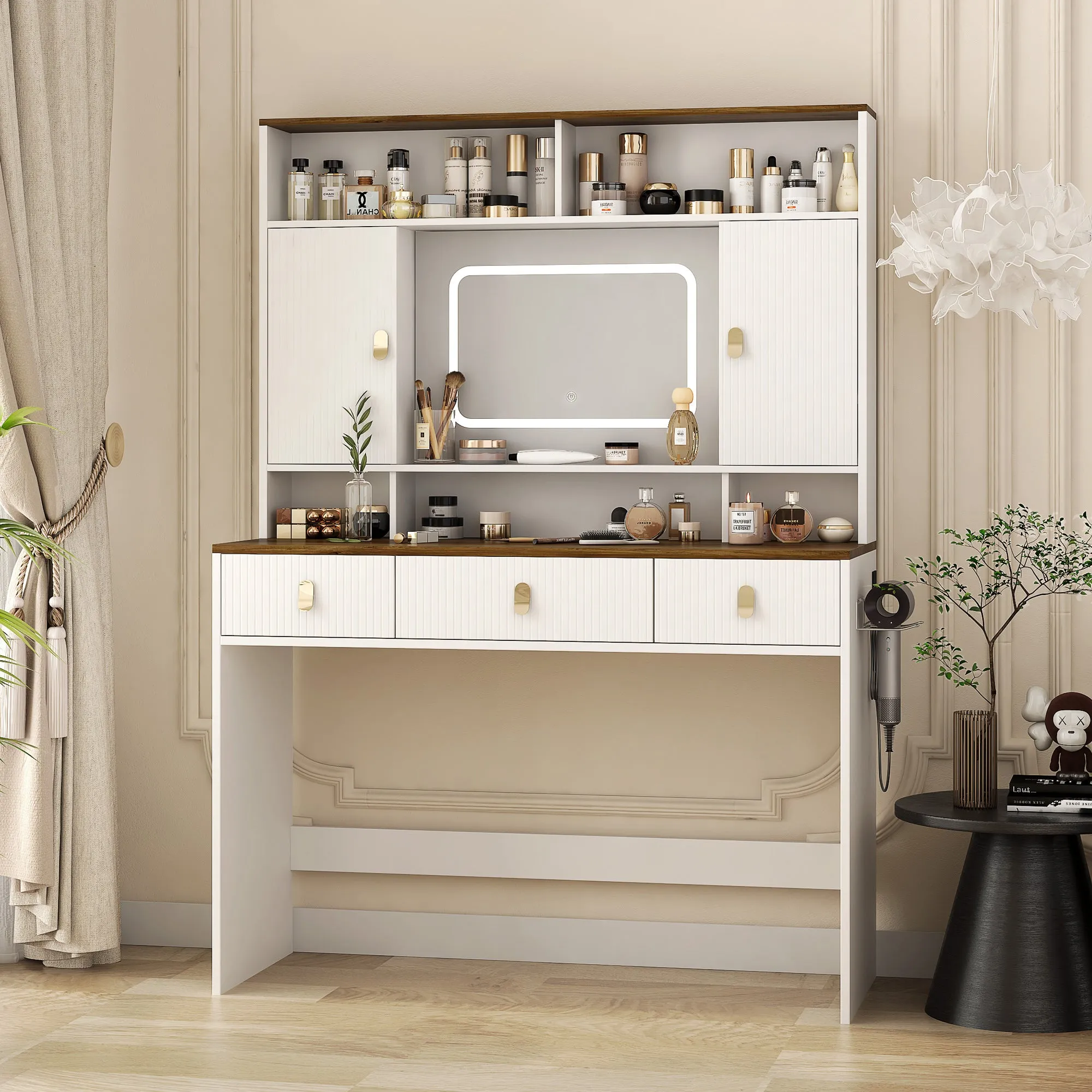 Farmhouse Dressing Table with Lighted Mirror, Adjustable Lighting, and Storage