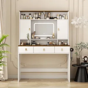 Farmhouse Dressing Table with Lighted Mirror, Adjustable Lighting, and Storage