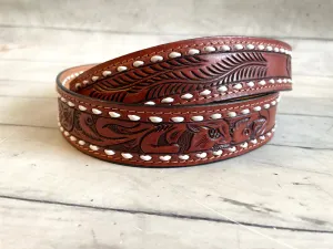 Feather Floral Tooled Medium Leather Handbag Strap with White Buckstitch