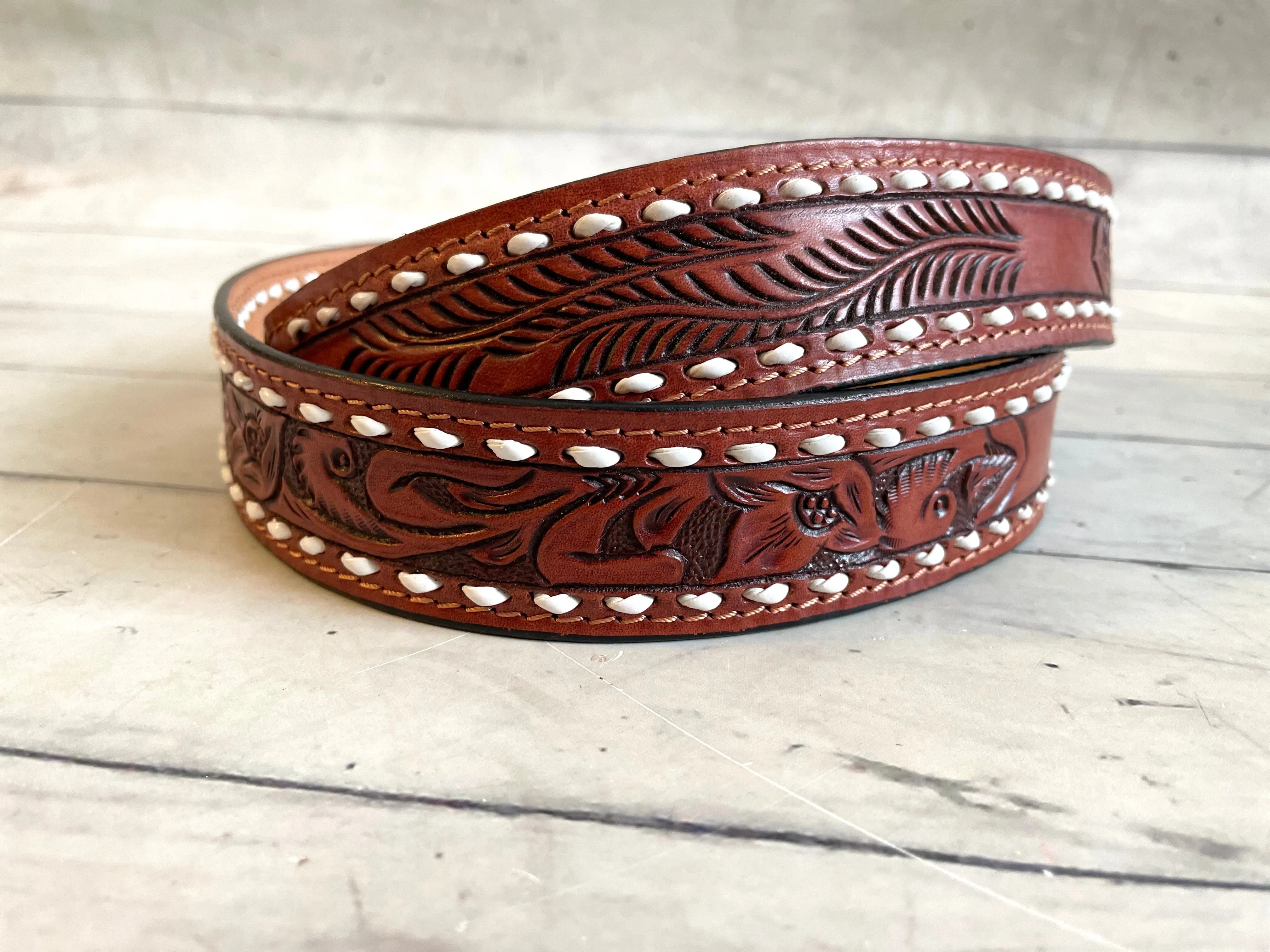 Feather Floral Tooled Medium Leather Handbag Strap with White Buckstitch