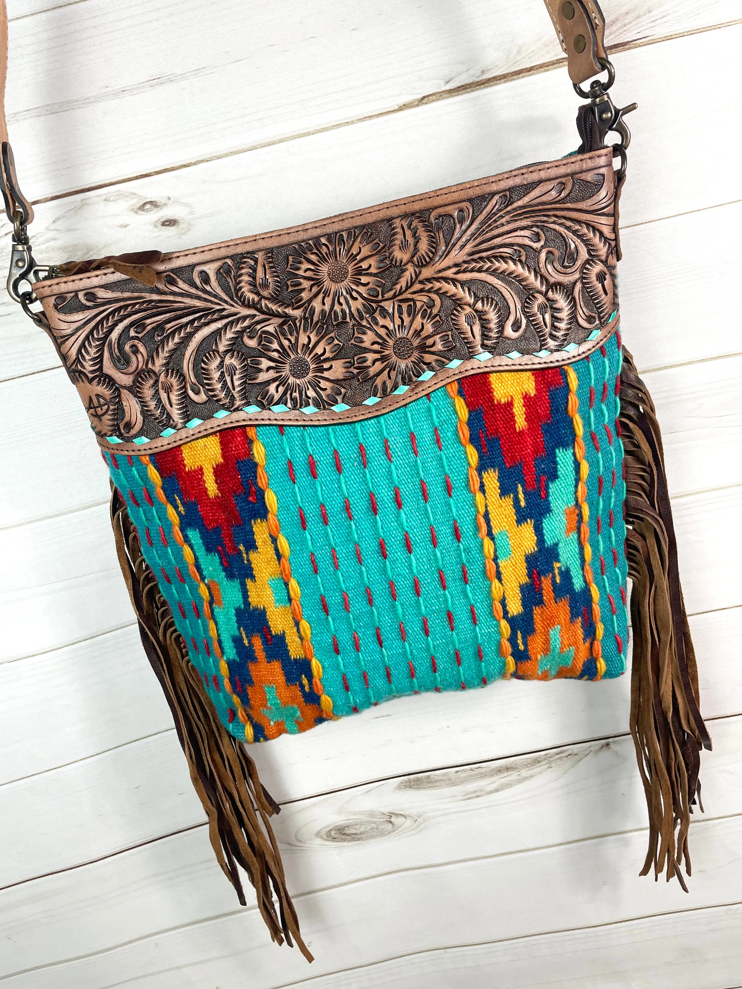 Fiesta Turquoise Diamond Cross Wool Woven Crossbody Handbag
