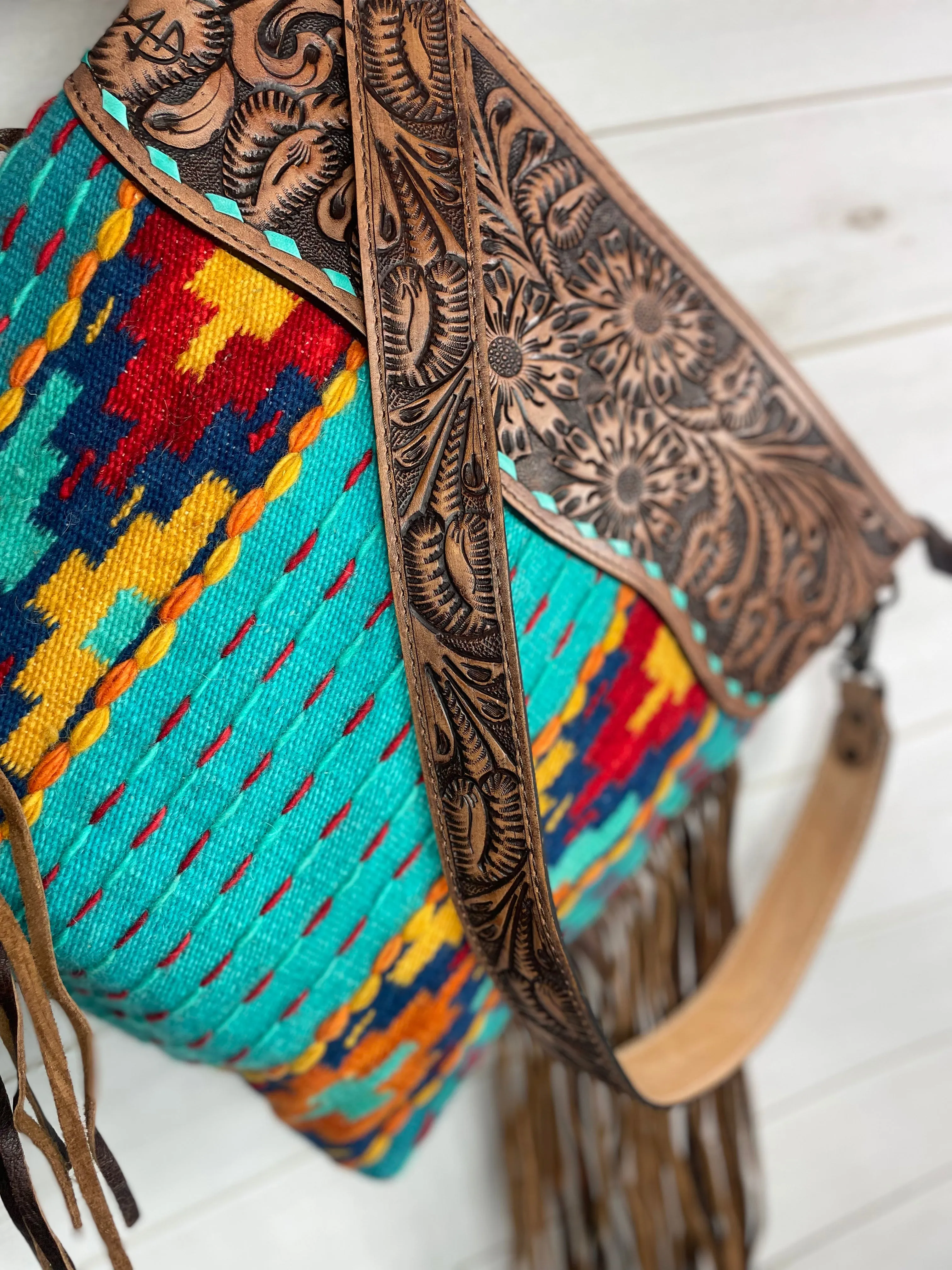 Fiesta Turquoise Diamond Cross Wool Woven Crossbody Handbag