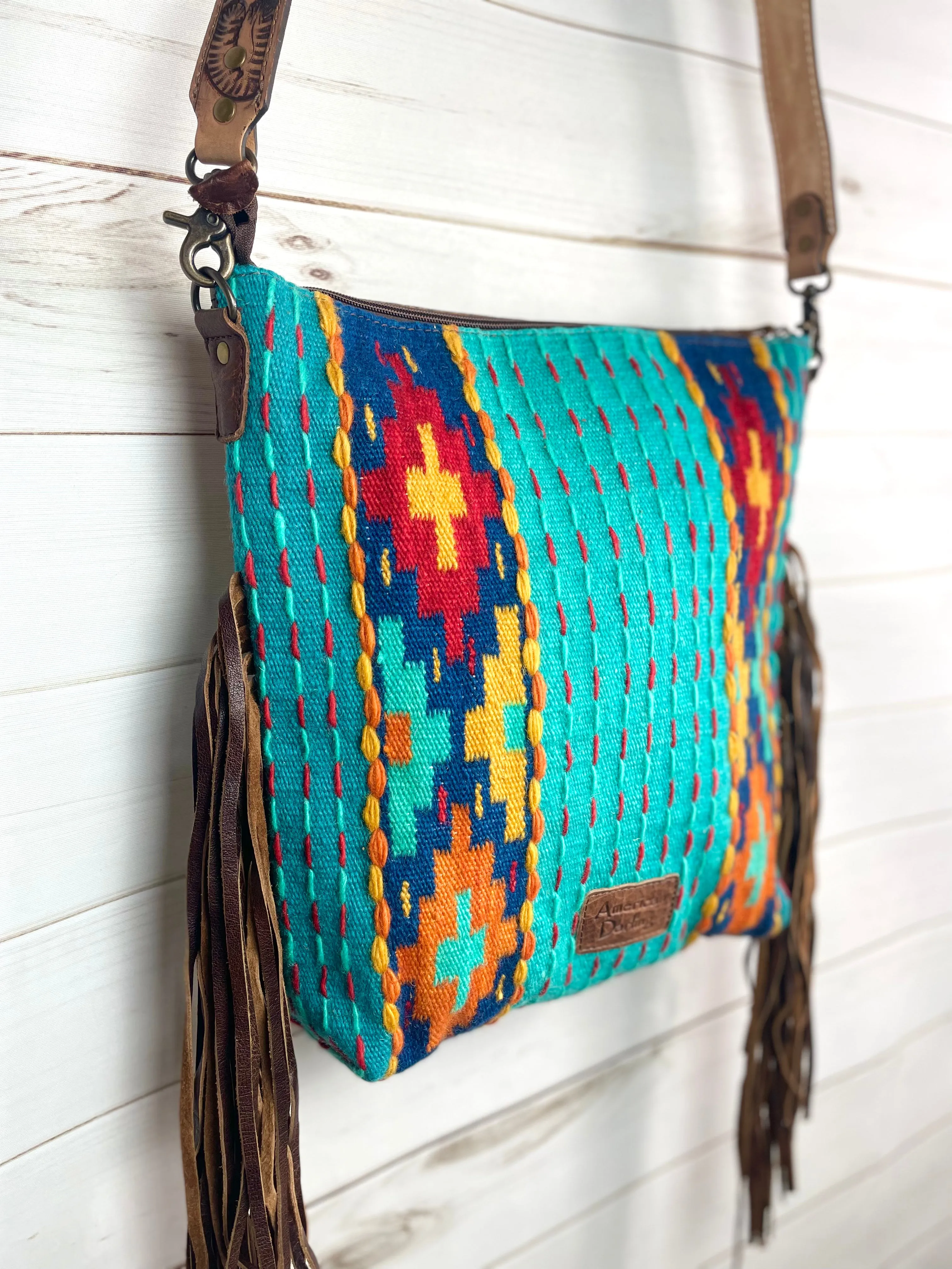 Fiesta Turquoise Diamond Cross Wool Woven Crossbody Handbag