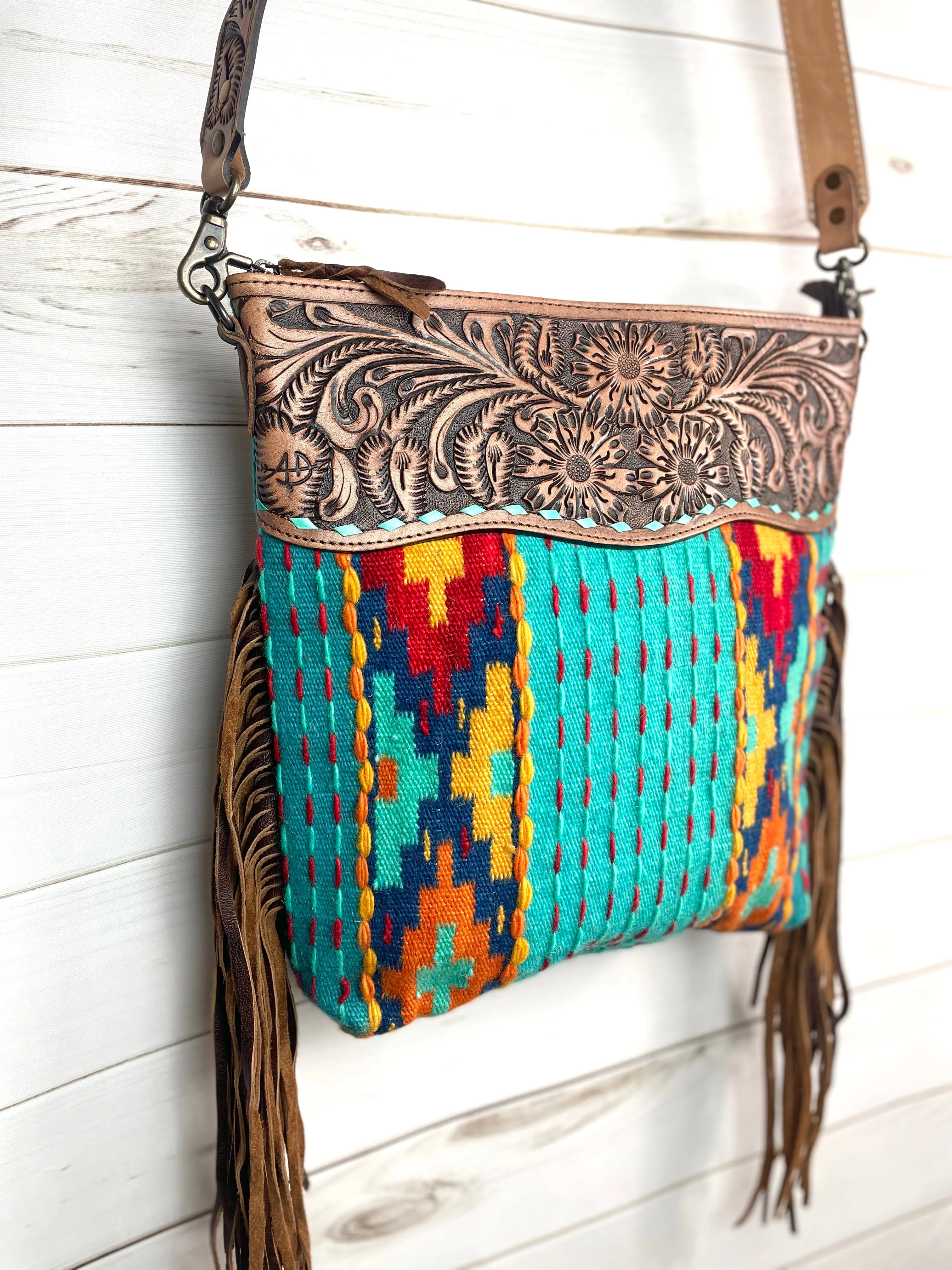 Fiesta Turquoise Diamond Cross Wool Woven Crossbody Handbag
