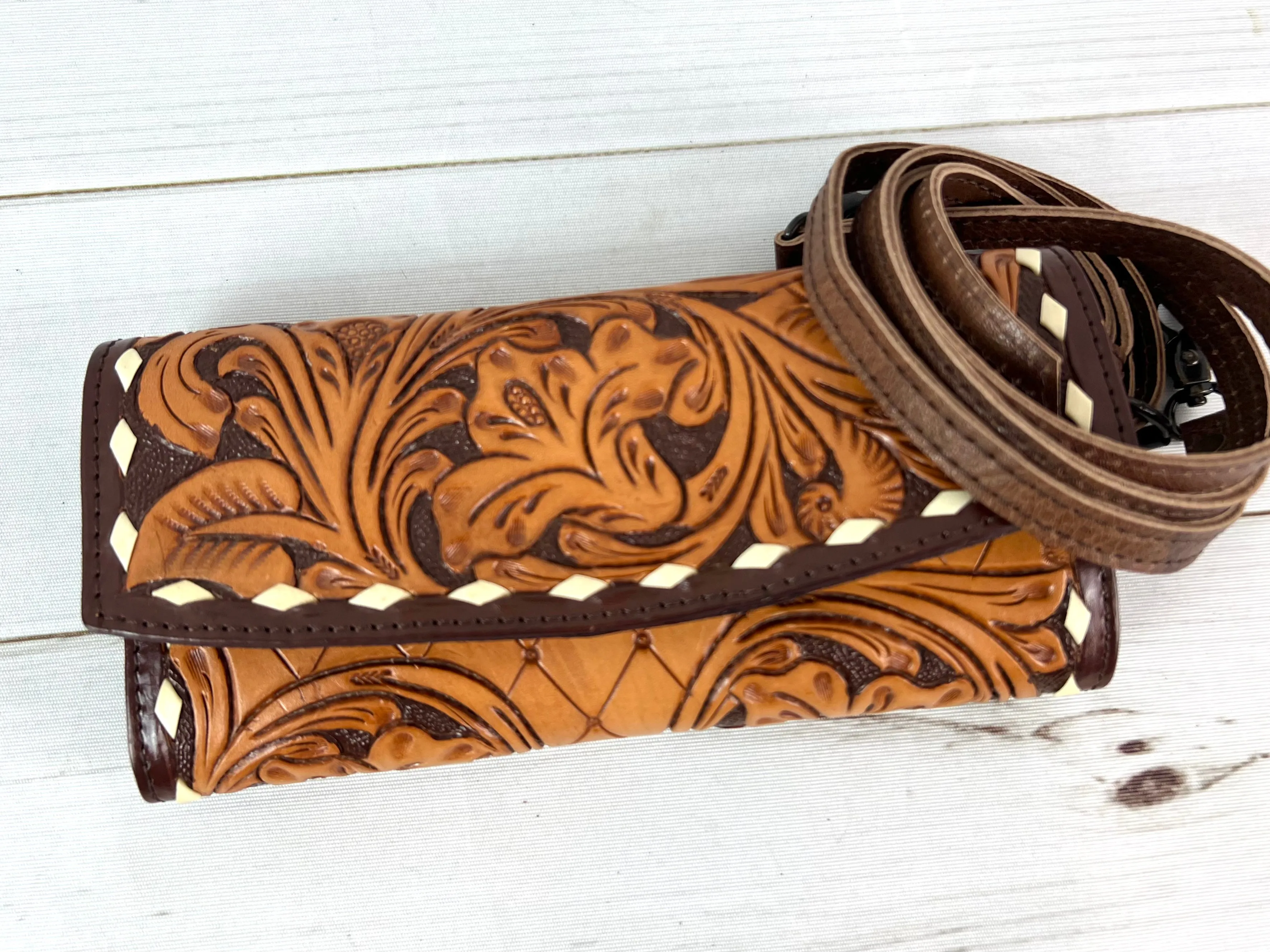 Floral and Scroll Tooled Two Tone Leather Wallet