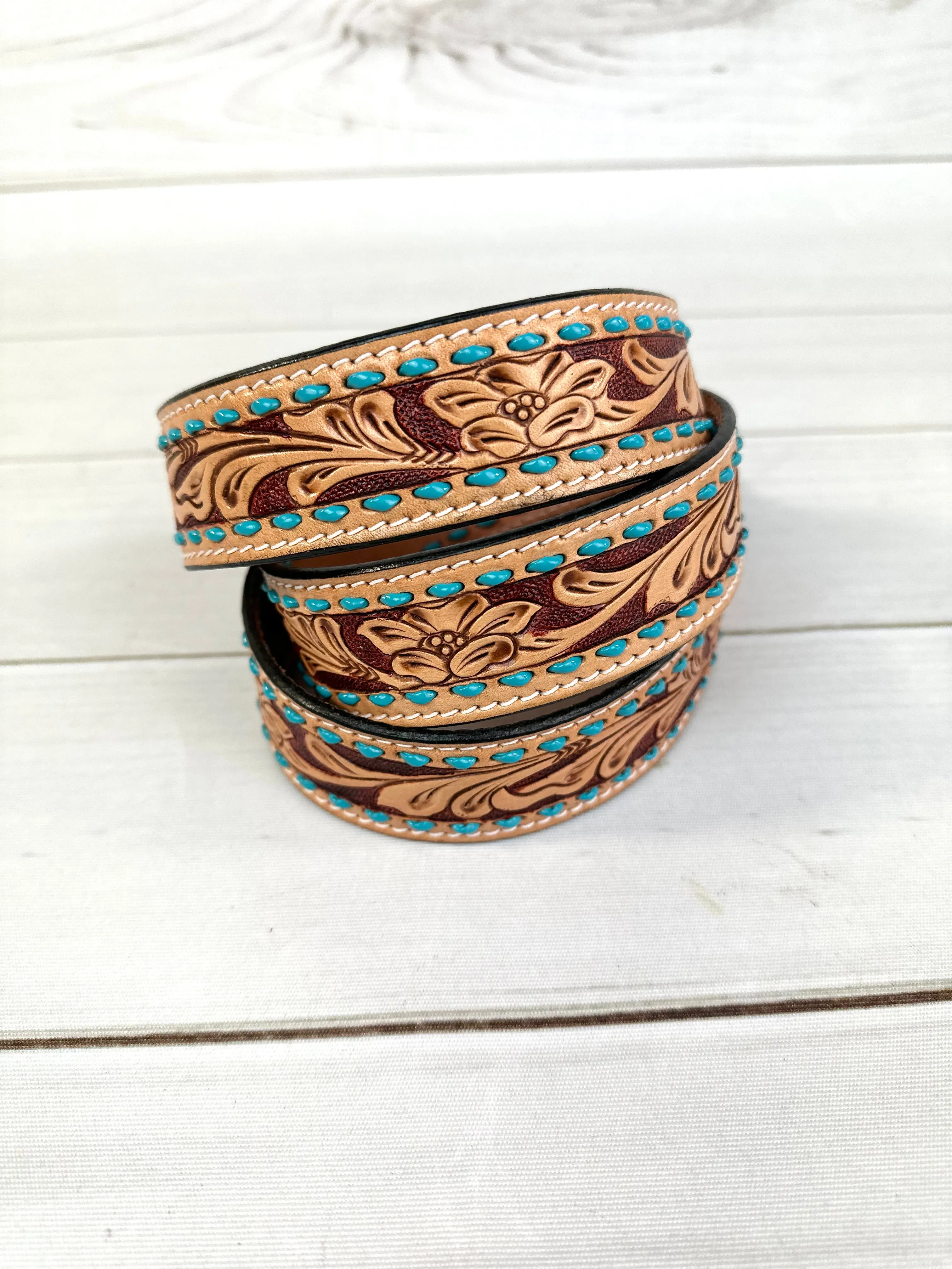 Floral Leather Tooled Turquoise Buckstitch Handbag Strap