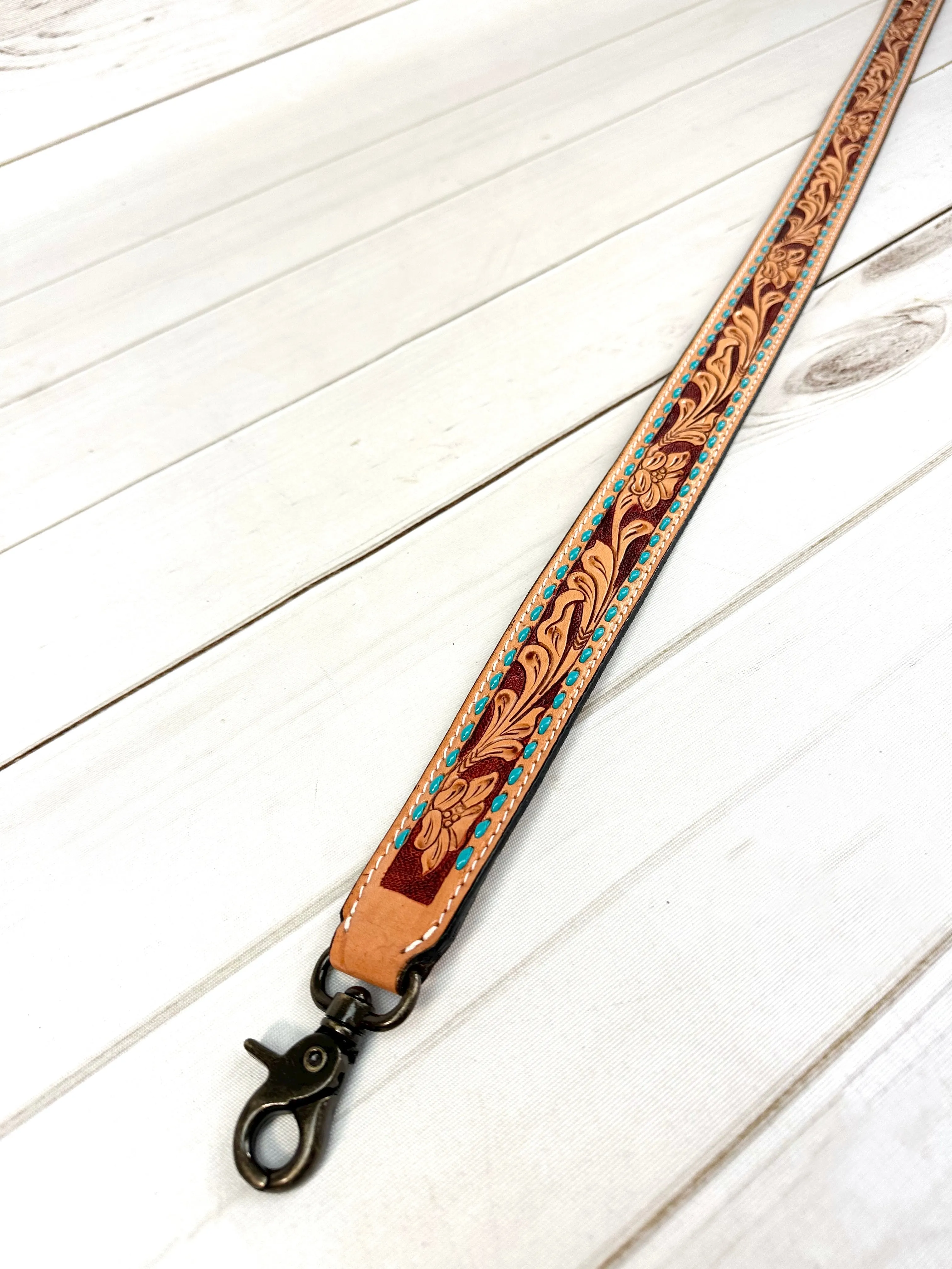 Floral Leather Tooled Turquoise Buckstitch Handbag Strap
