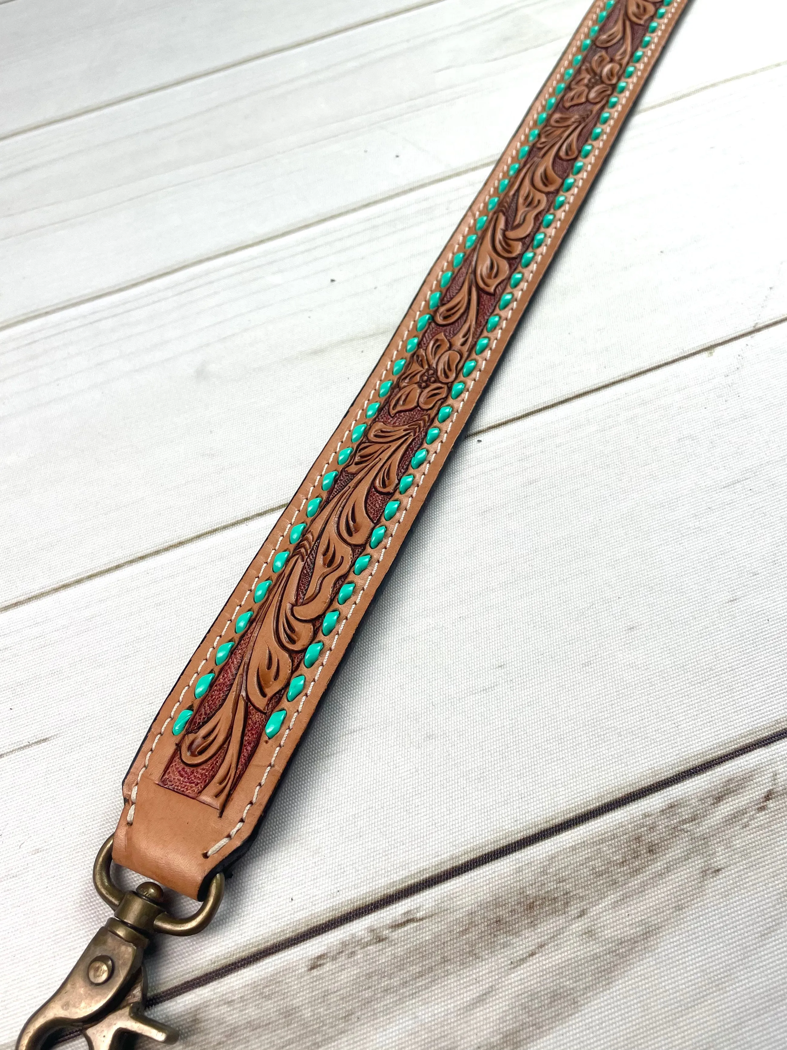Floral Leather Tooled Turquoise Buckstitch Handbag Strap