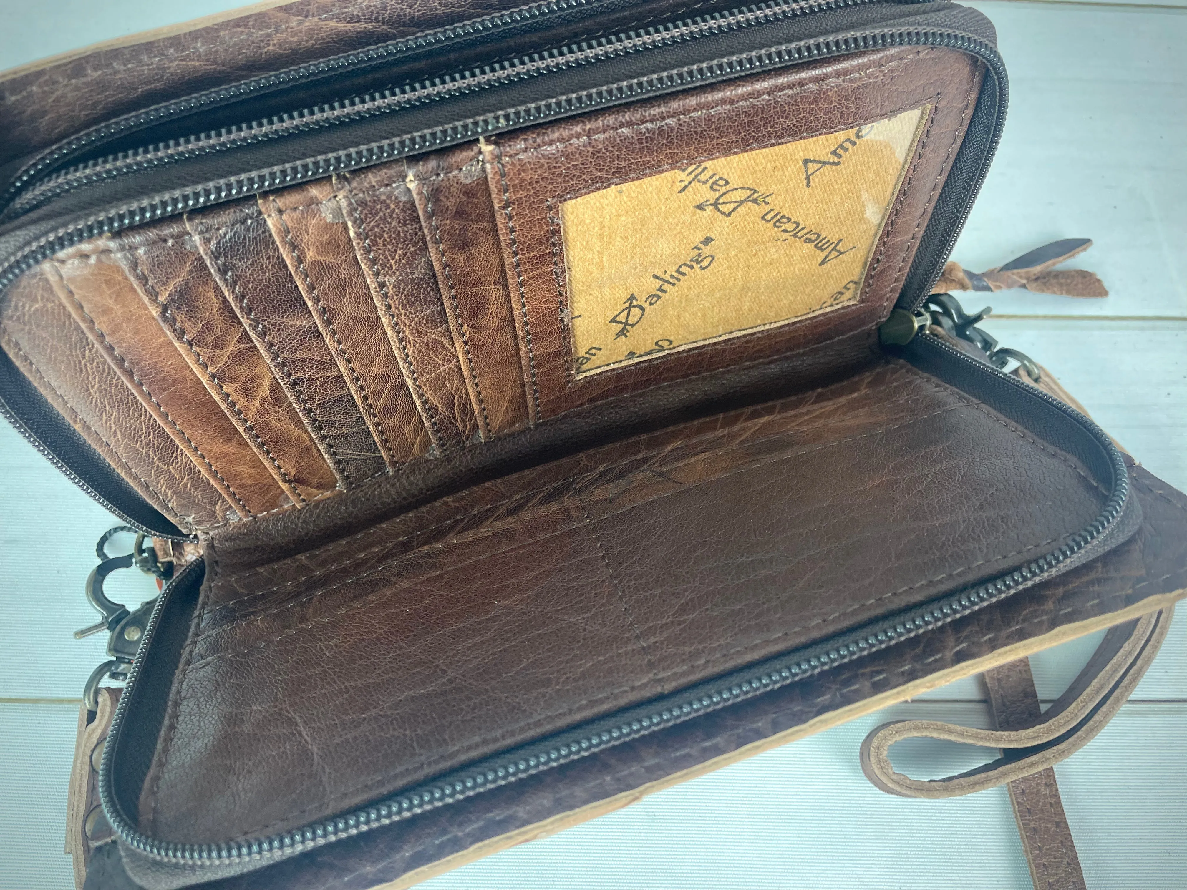 Floral Tooled Brown Buckstitch Carryall Wallet