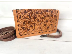 Floral Tooled Brown Buckstitch Carryall Wallet