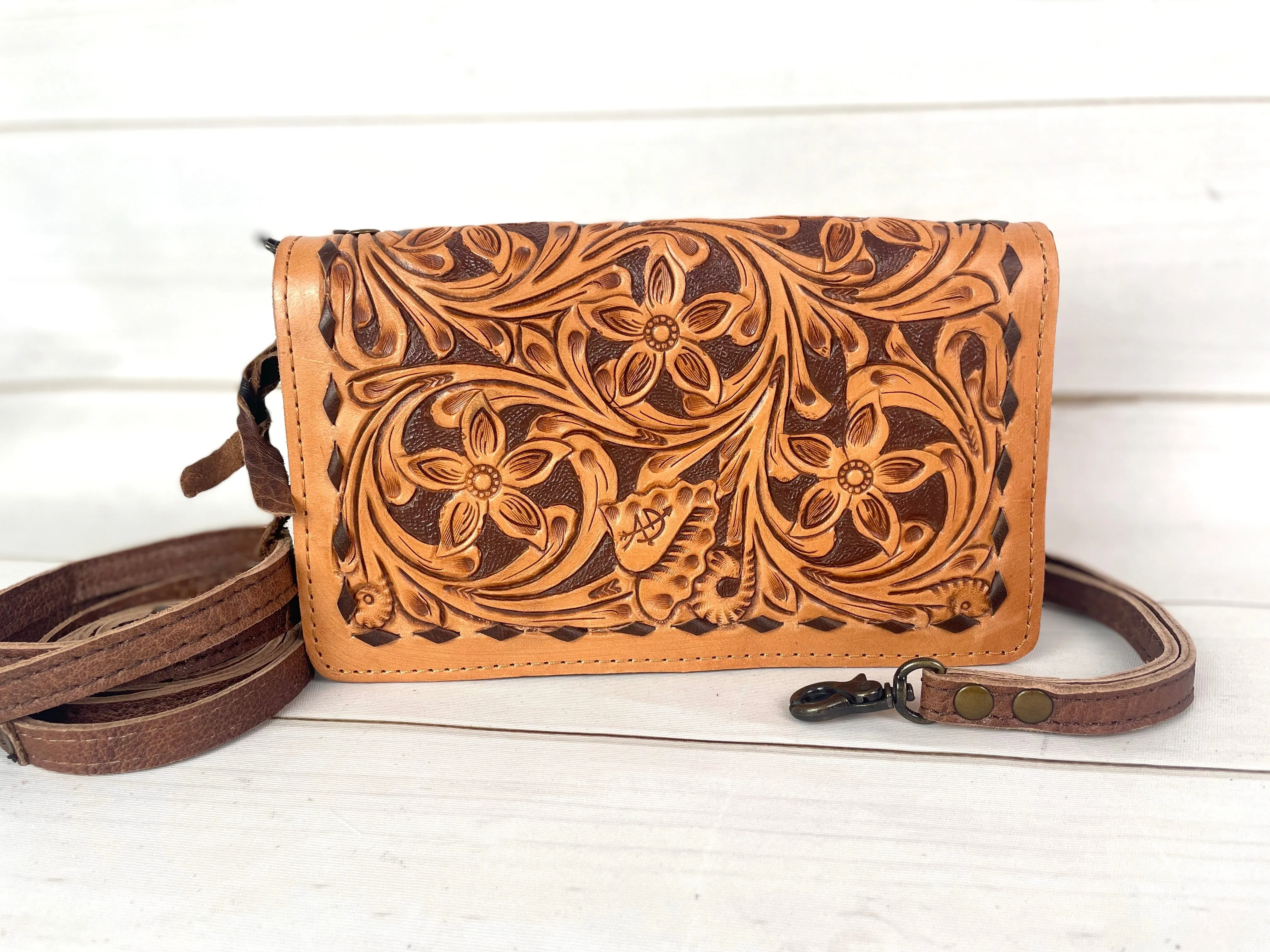 Floral Tooled Brown Buckstitch Carryall Wallet