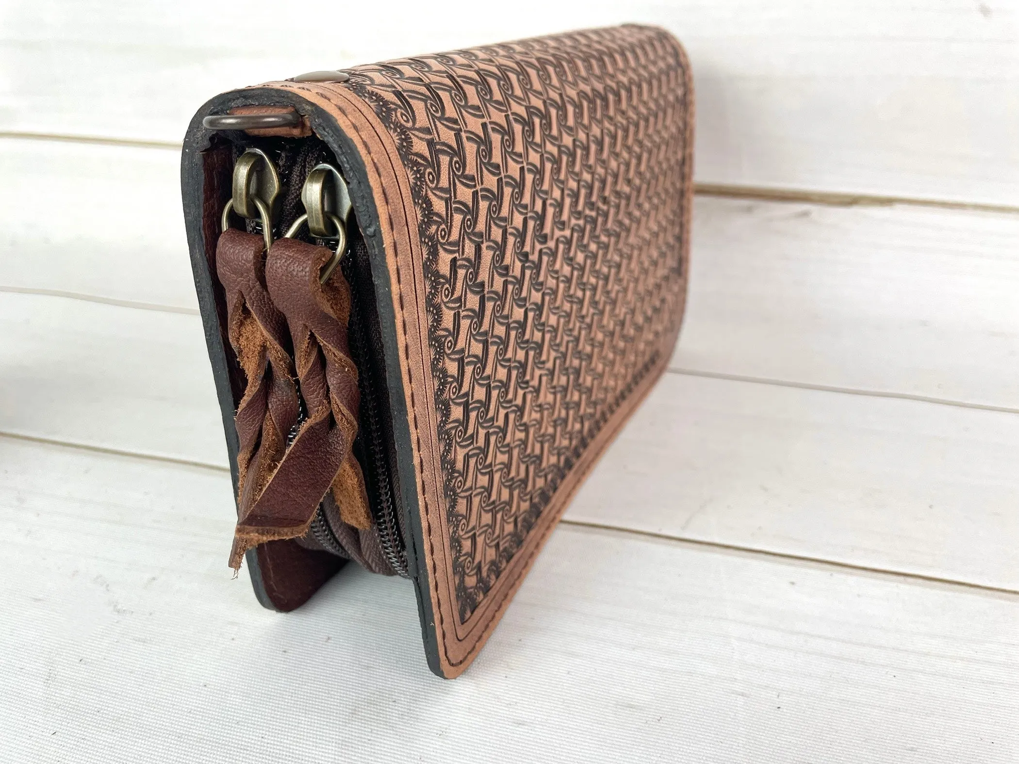 Floral Tooled Leather Turquoise and Red Wool Inset Carryall Wallet