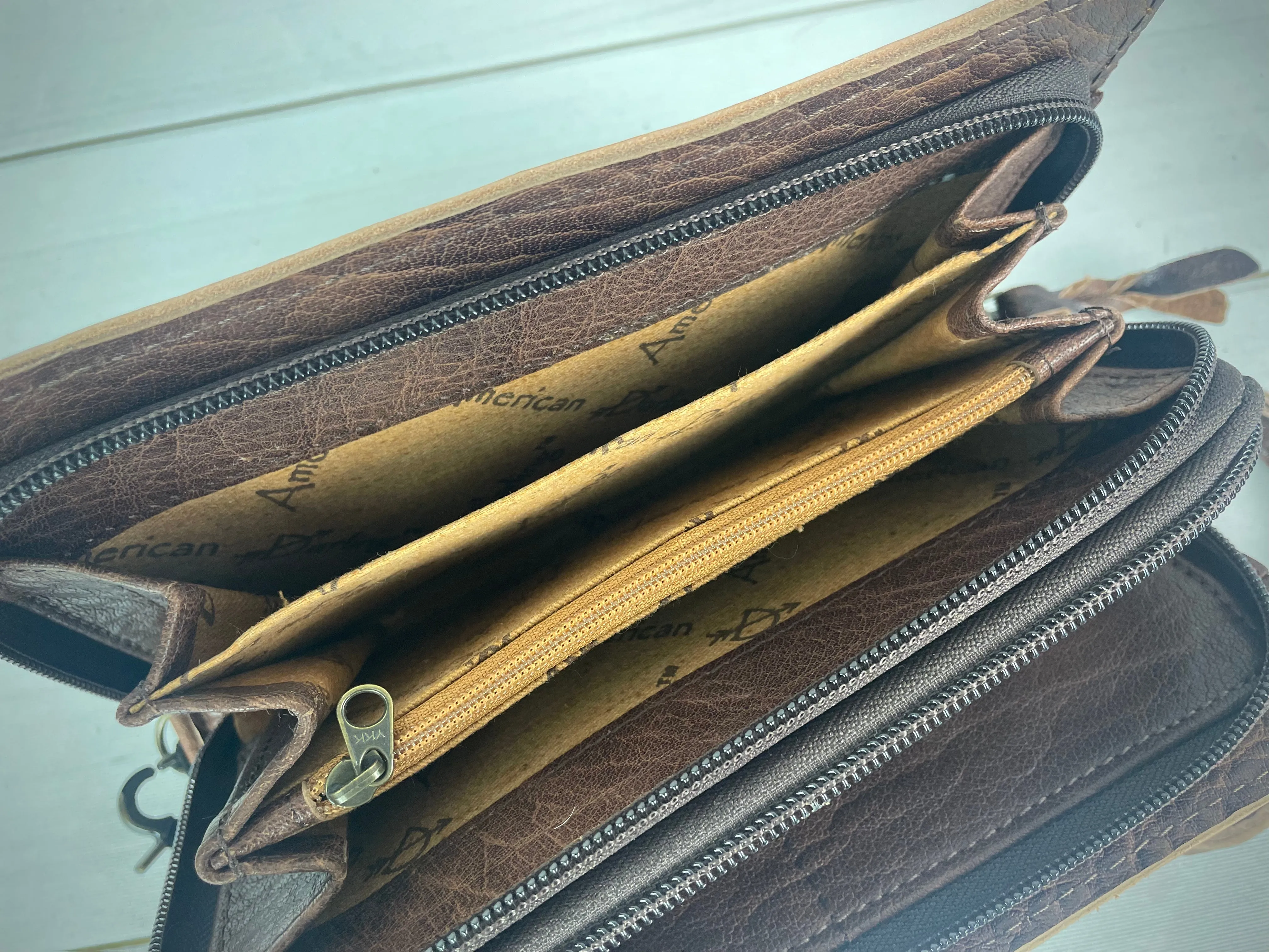 Floral Tooled Leather Turquoise and Red Wool Inset Carryall Wallet