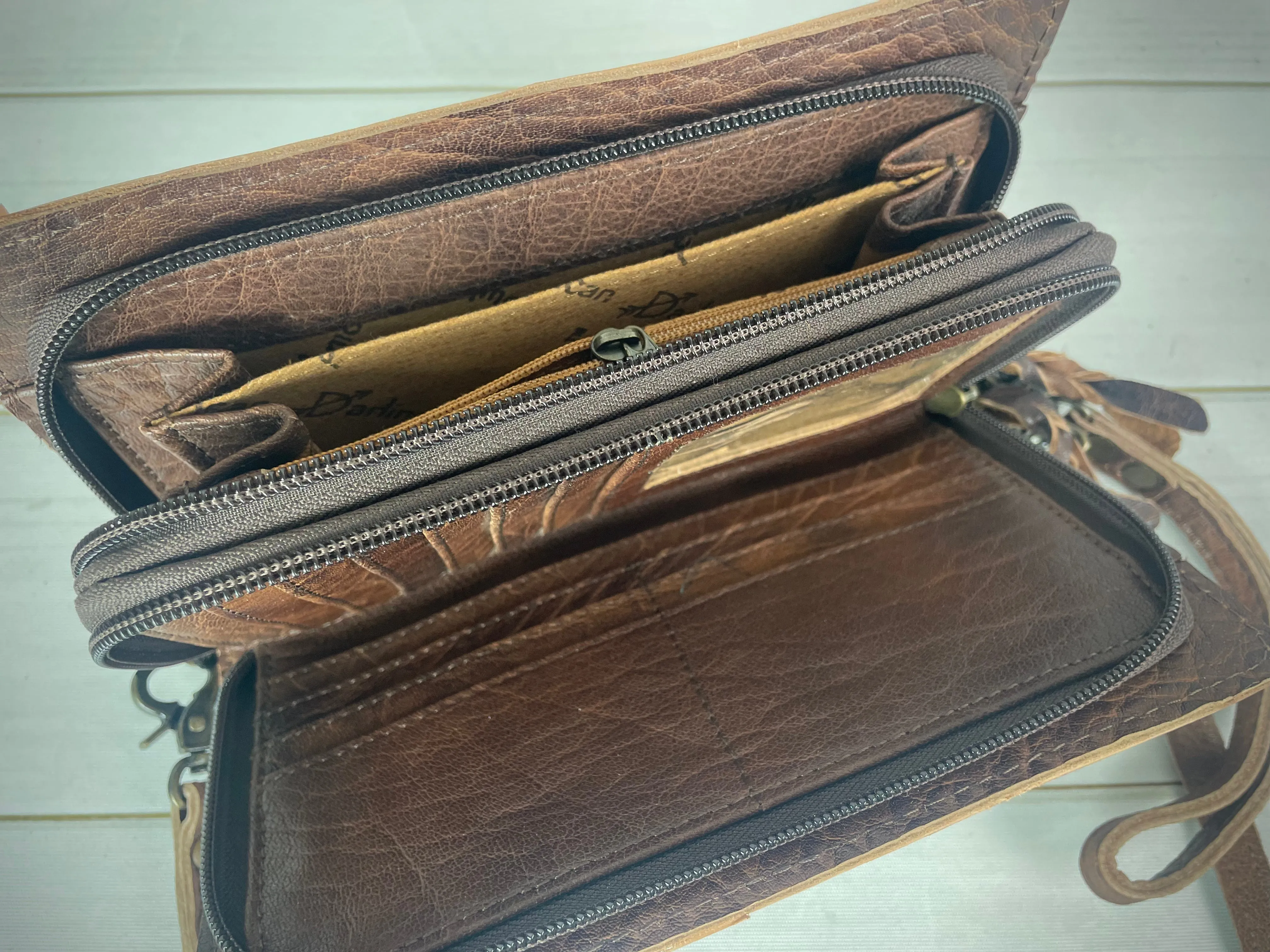 Floral Tooled Leather Turquoise and Red Wool Inset Carryall Wallet