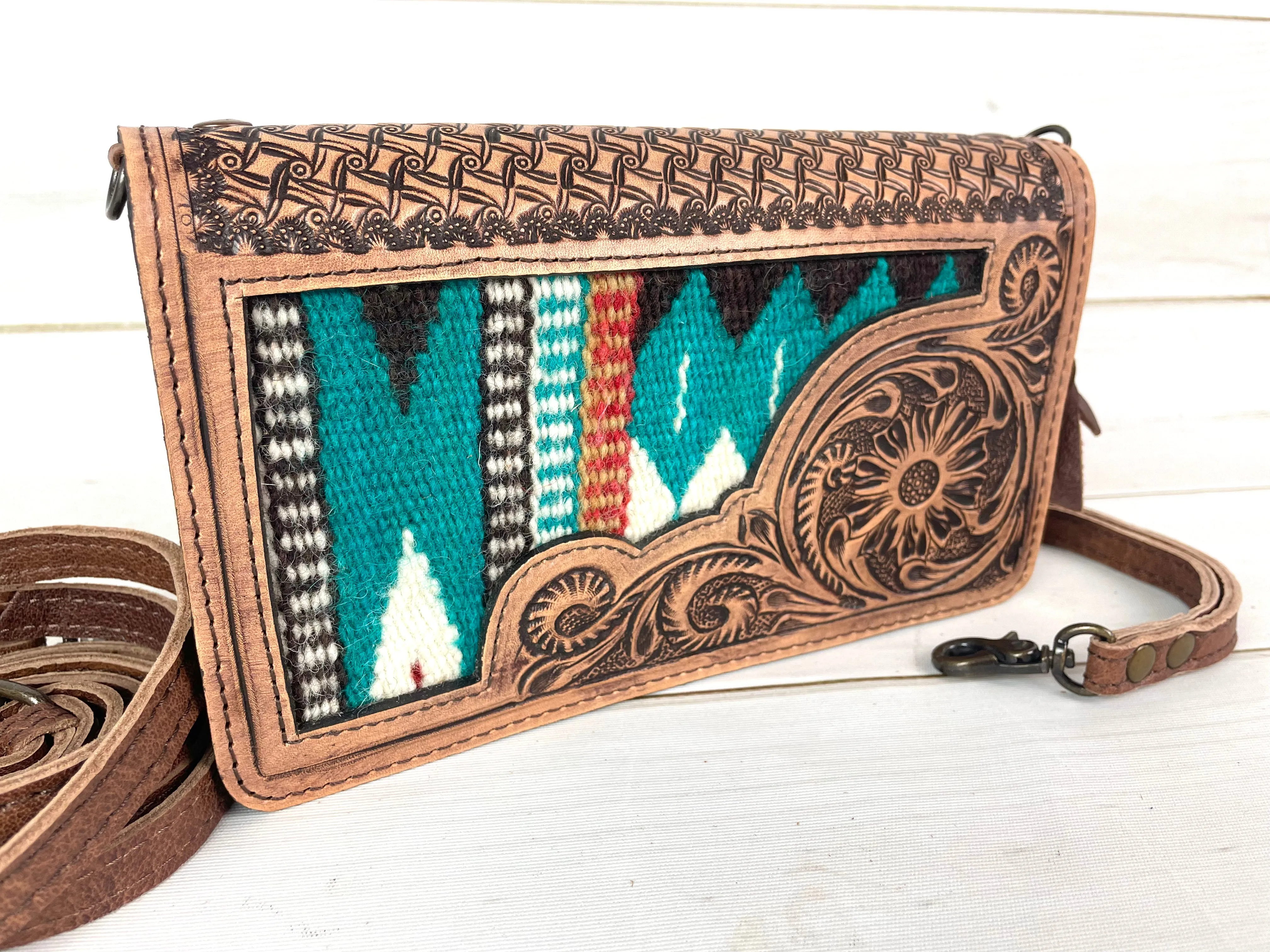 Floral Tooled Leather Turquoise and Red Wool Inset Carryall Wallet