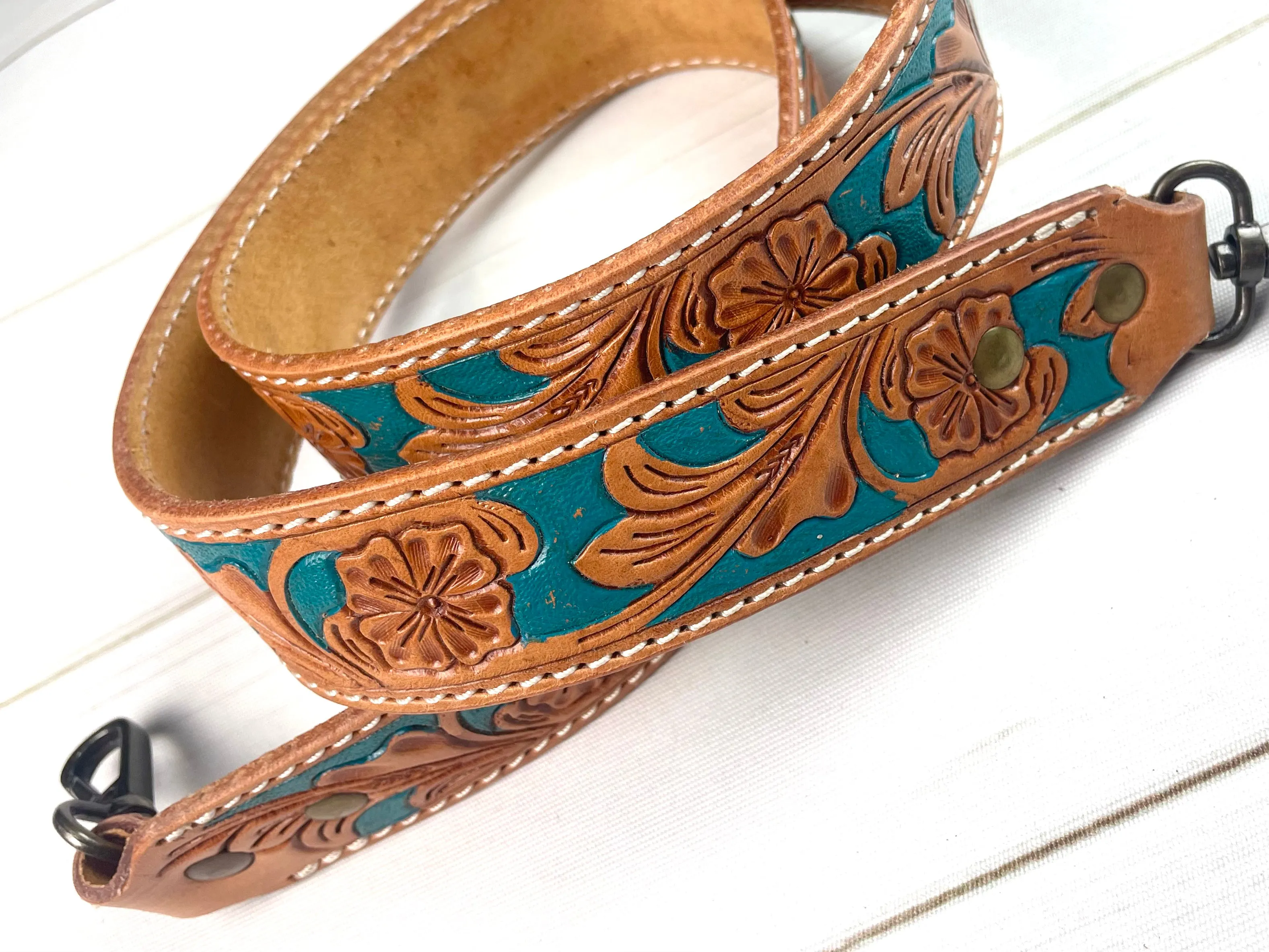 Floral Tooled Teal Painted Handbag Strap